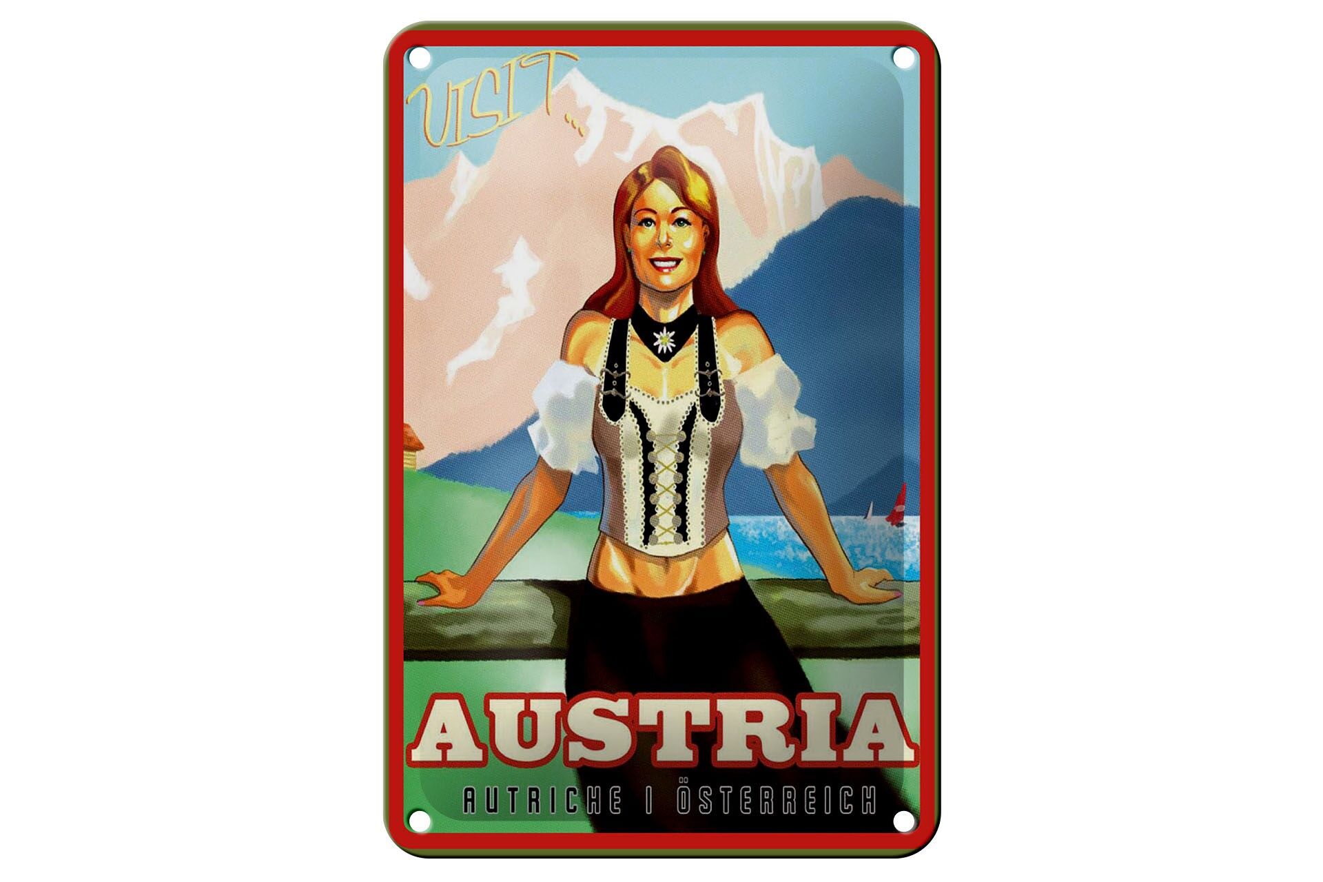 Blechschild Reise 12x18 cm Österreich Austria Frau in Tracht Deko Schild
