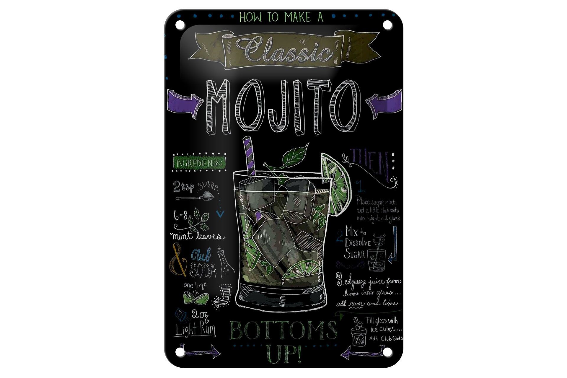 Blechschild Cocktail 12x18 cm Classic Mojito Rezept Tafeloptik Deko Schild