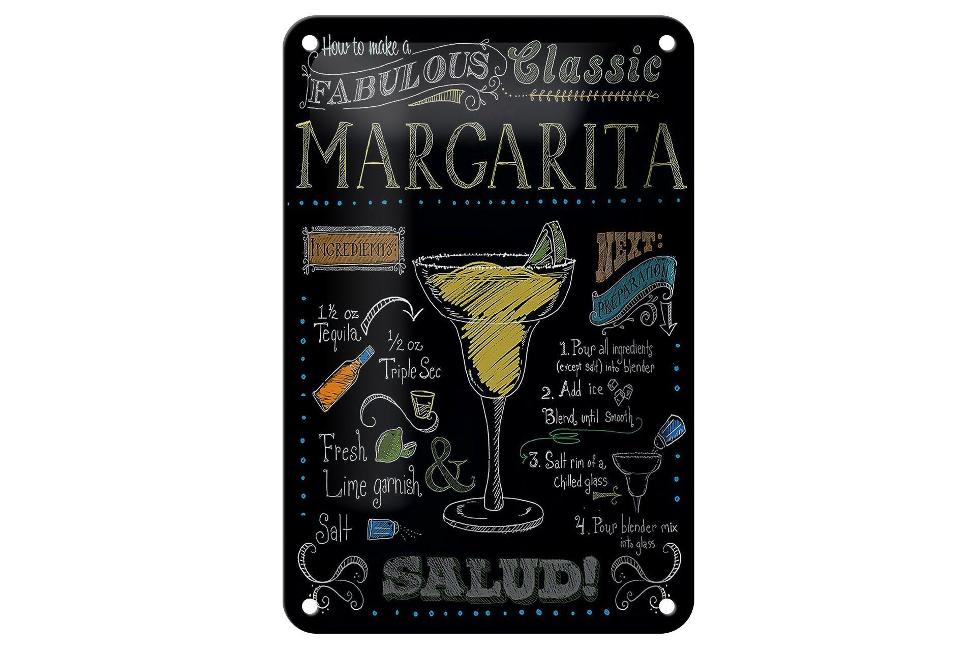Blechschild Cocktail 12x18 cm Classic Margarita Rezept Tafeloptik Deko Schild