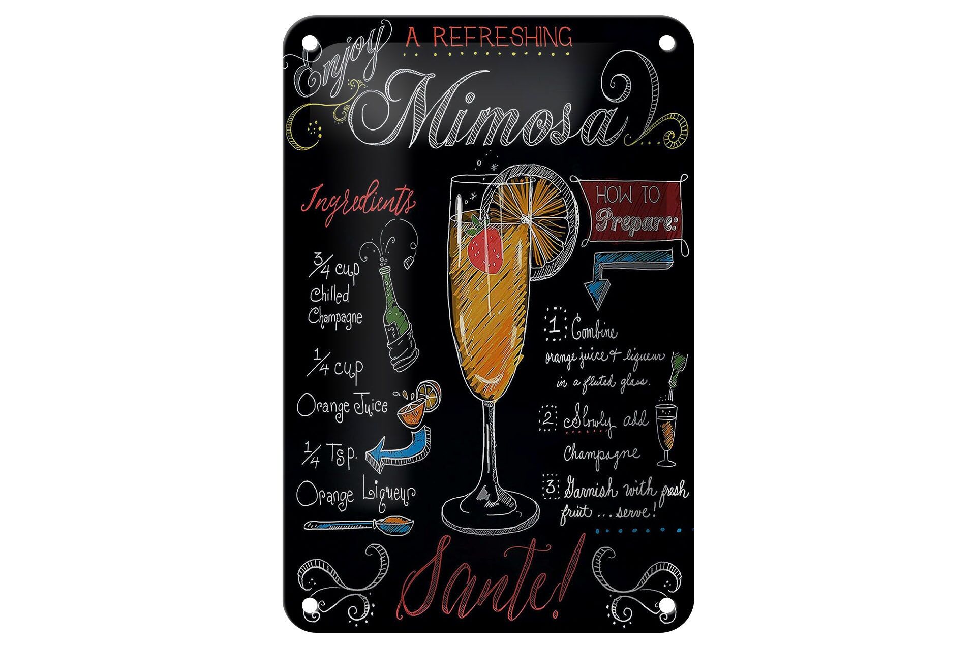 Blechschild Cocktail 12x18 cm Enjoy Mimosa Rezept Tafeloptik Deko Schild