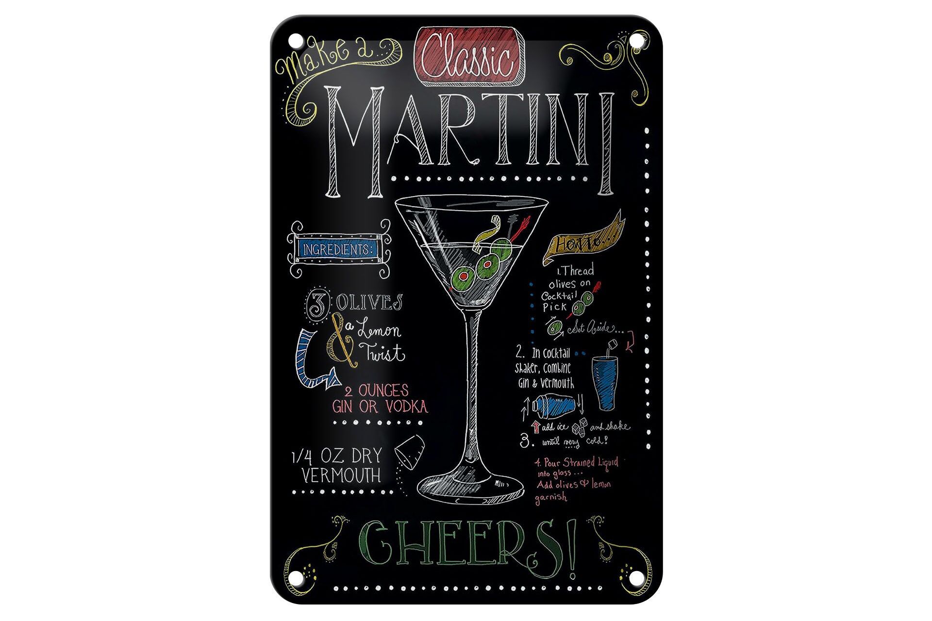 Blechschild Cocktail 12x18 cm Classic Martini Rezept Tafeloptik Deko Schild