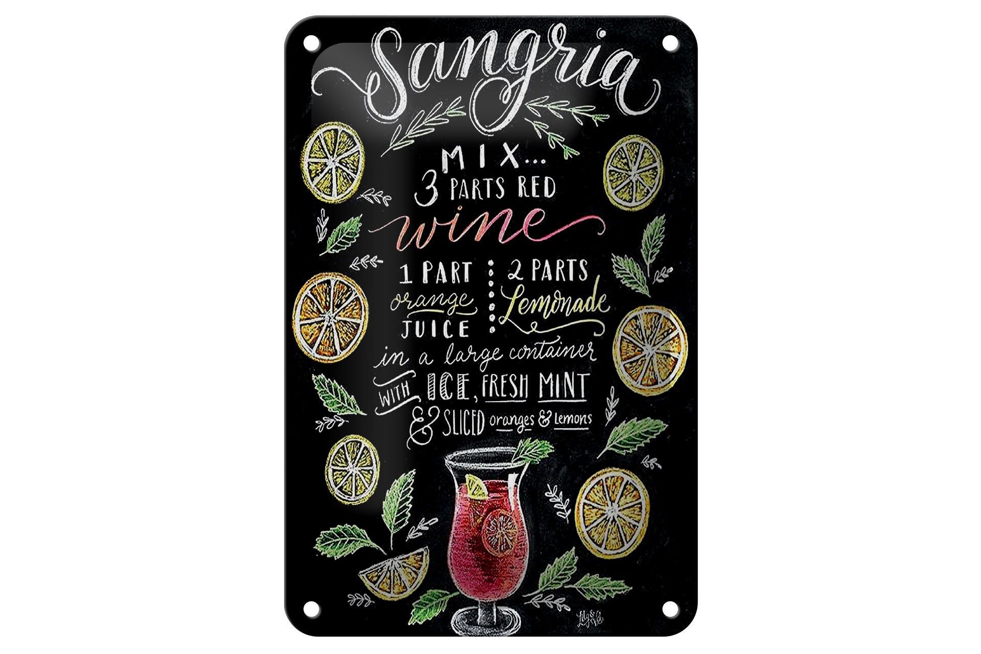 Blechschild Cocktail 12x18 cm Sangria Rezept Tafeloptik Deko Schild