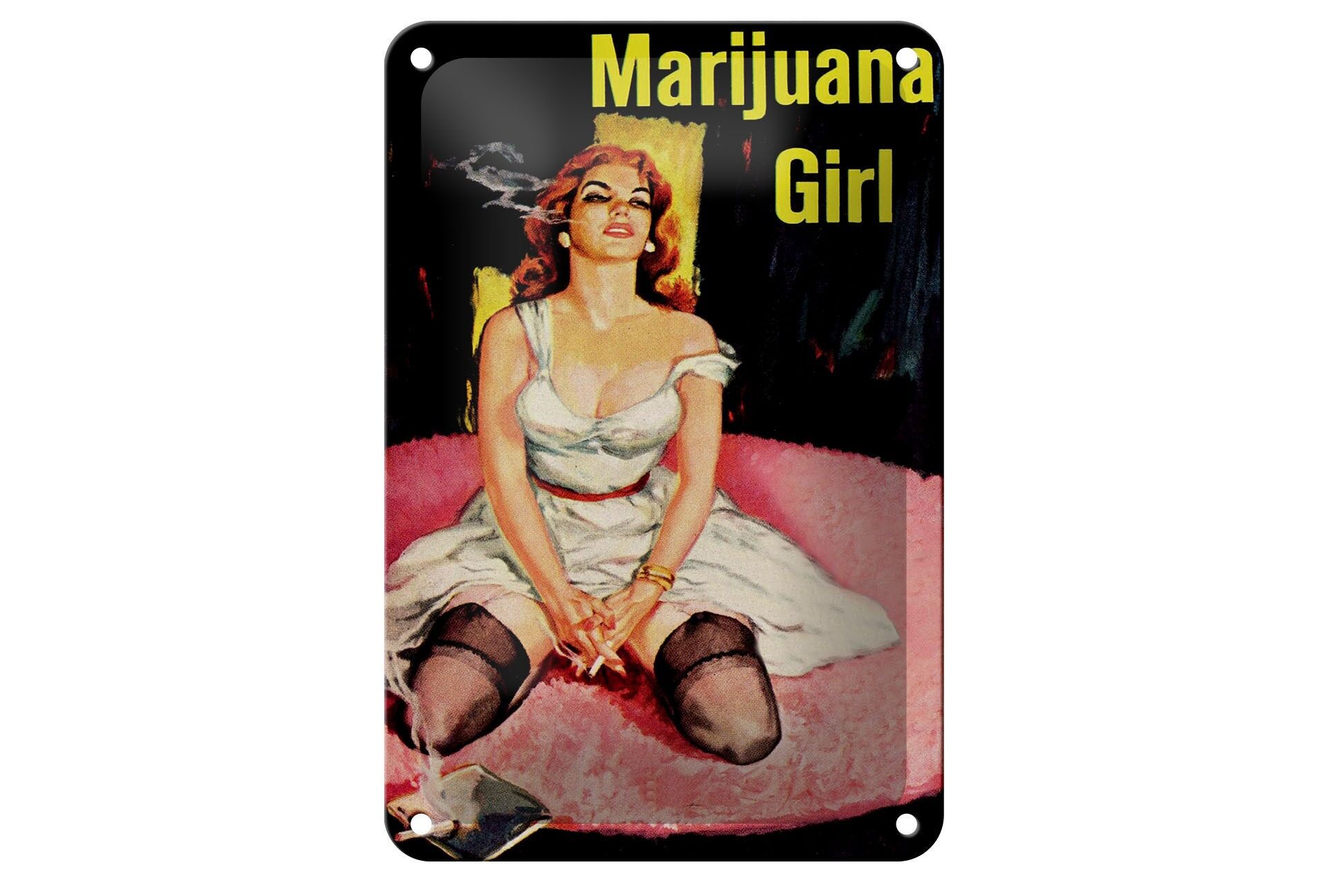 Blechschild Spruch 12x18 cm Marijuana Girl auf rosa Teppich Deko Schild