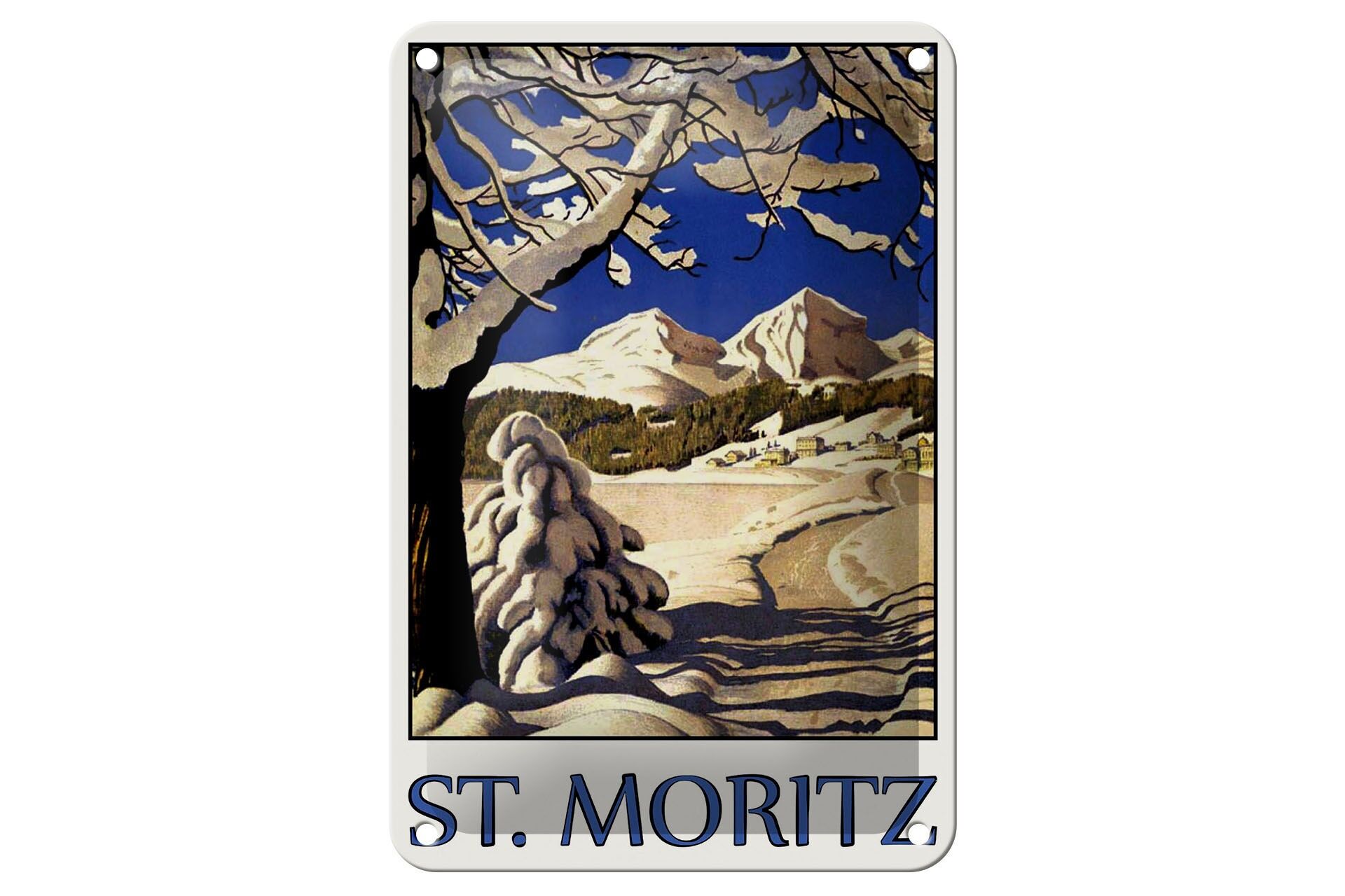 Blechschild Reise 12x18 cm St. Moritz Bäume Schnee Berge Deko Schild