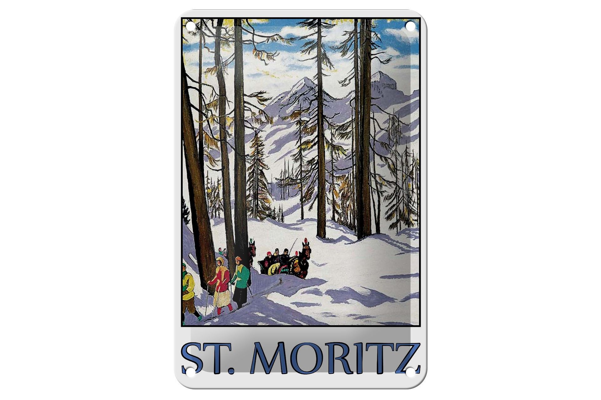 Blechschild Reise 12x18 cm St. Moritz Skiläufer Kutsche Schnee Deko Schild