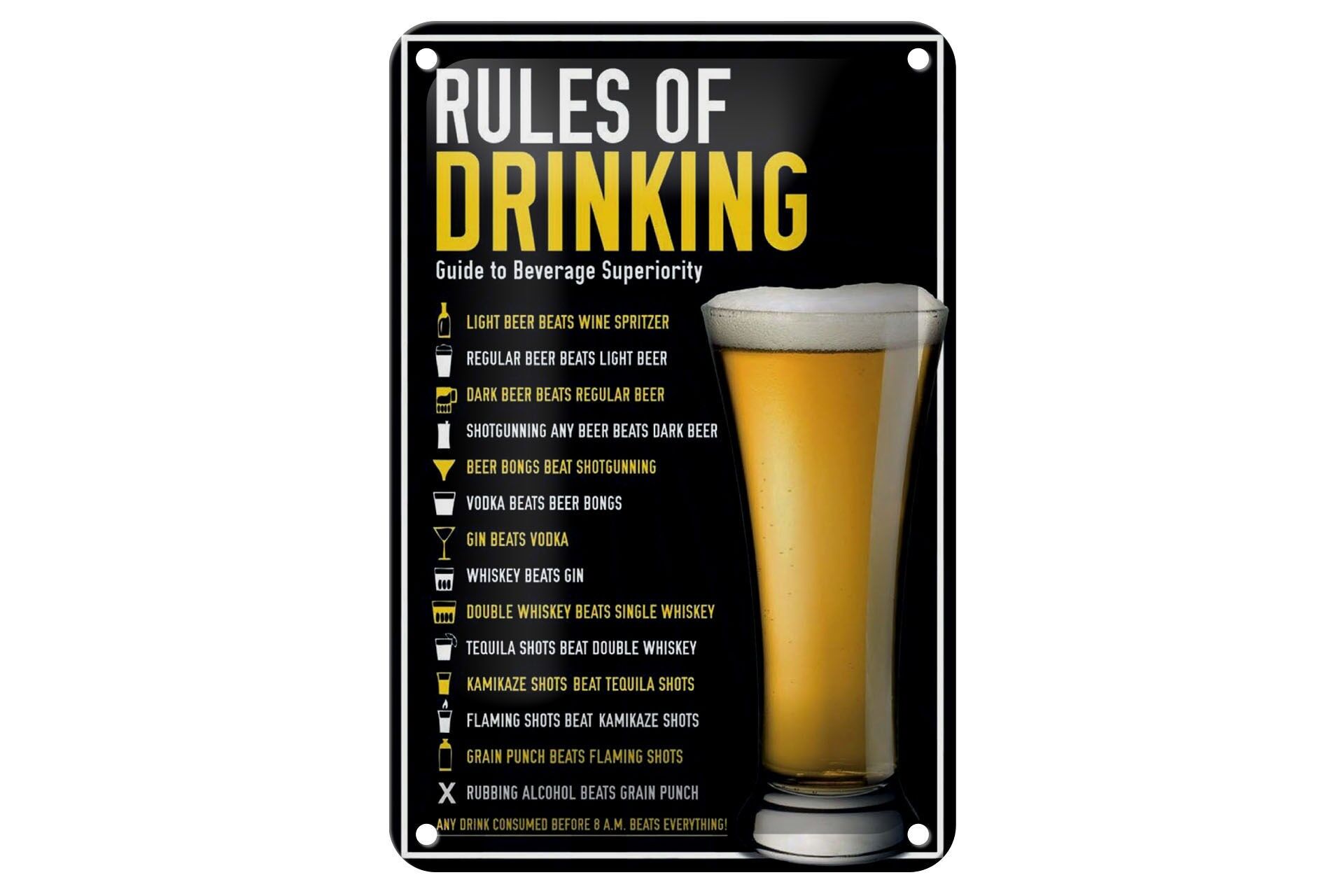 Cartello decorativo in latta "Alcol" 12x18 cm, regole per bere birra, cartello decorativo in vetro