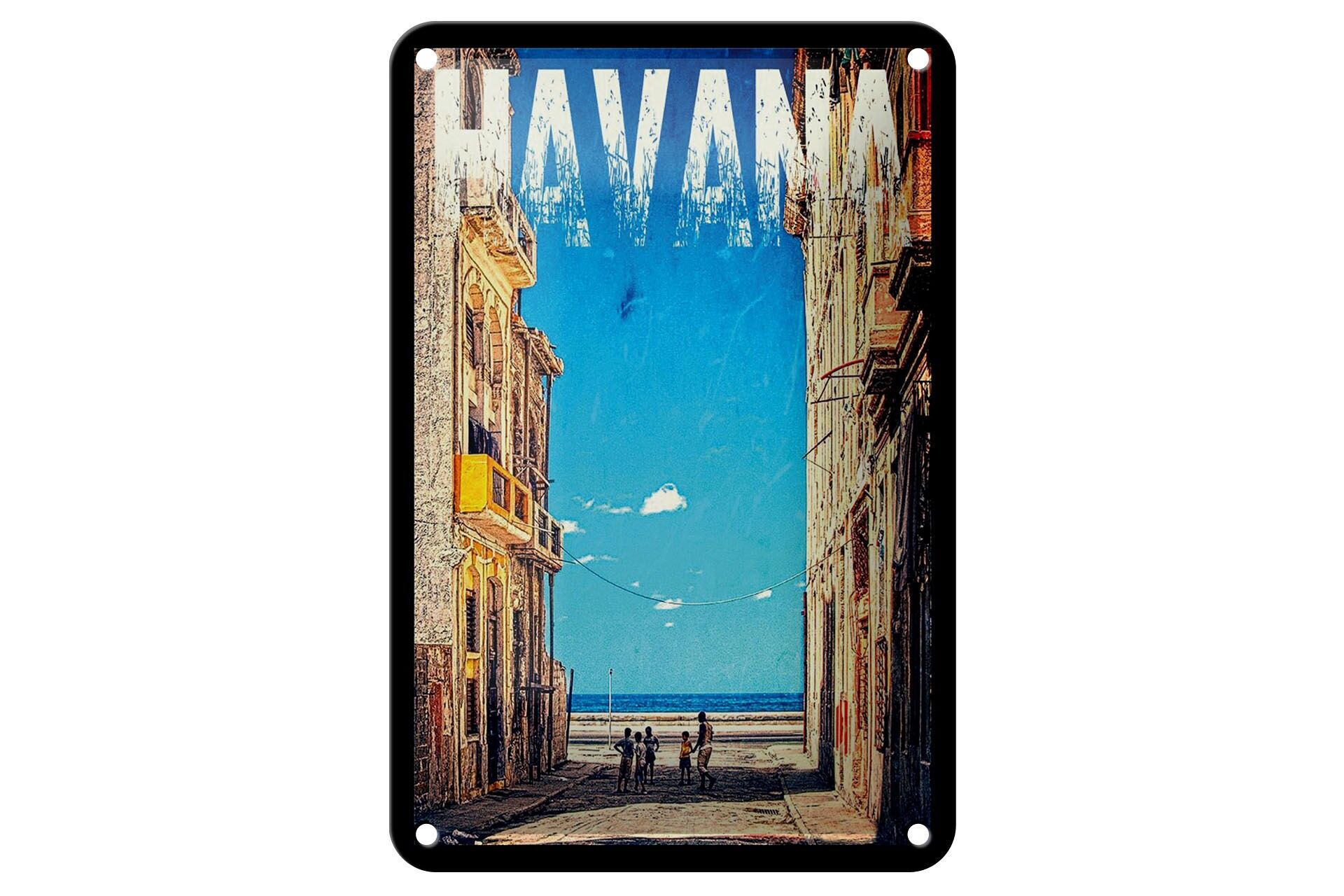 Insegna in metallo, tema viaggio, 12x18 cm, L'Avana, Cuba, case, spiaggia, insegna decorativa