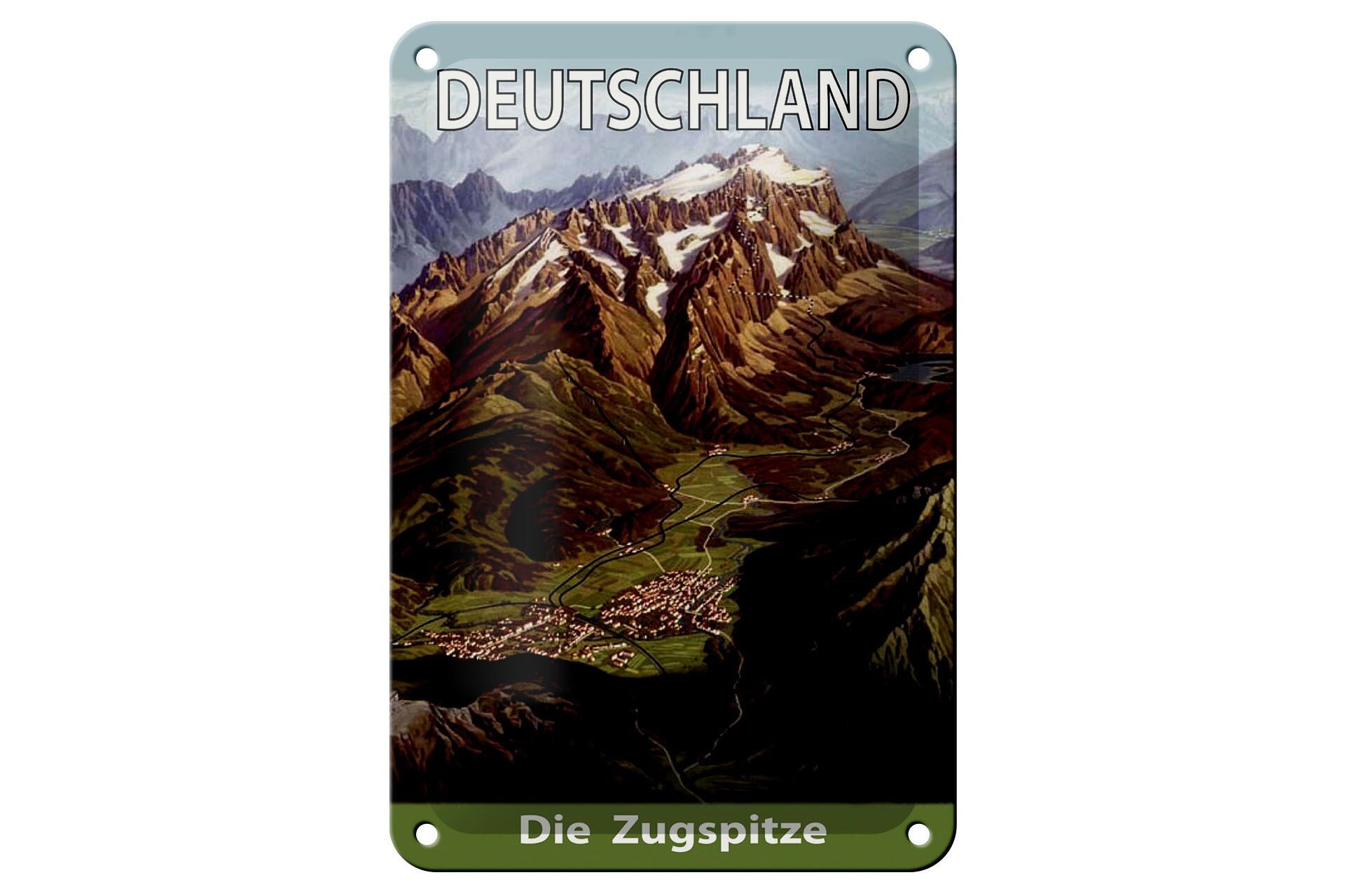 Cartello in metallo per viaggi, 12x18 cm, Germania, Paesaggio montano dello Zugspitze, cartello decorativo