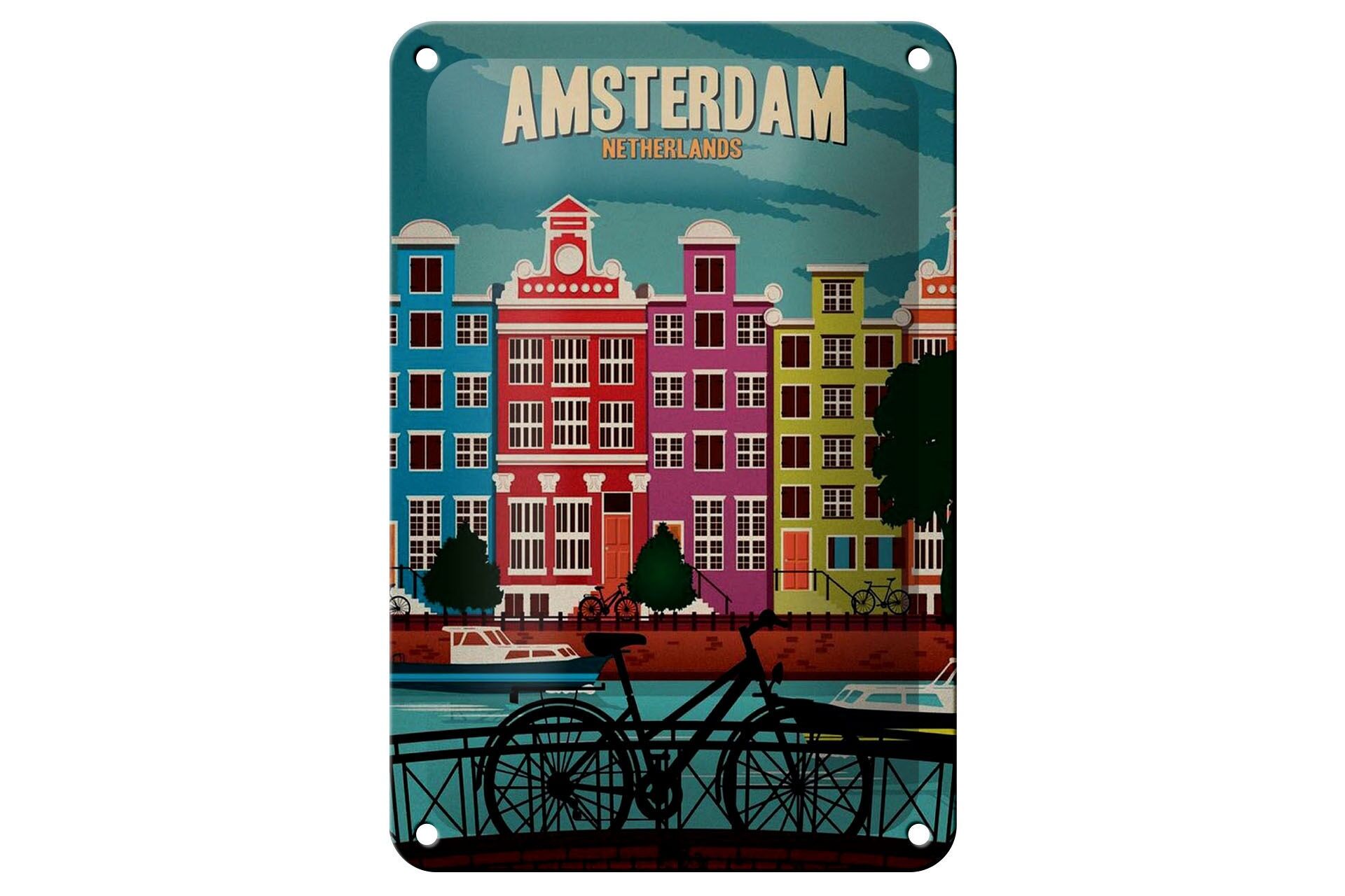 Cartello in metallo per viaggi, 12x18 cm, Amsterdam, Paesi Bassi, biciclette, acqua, cartello decorativo