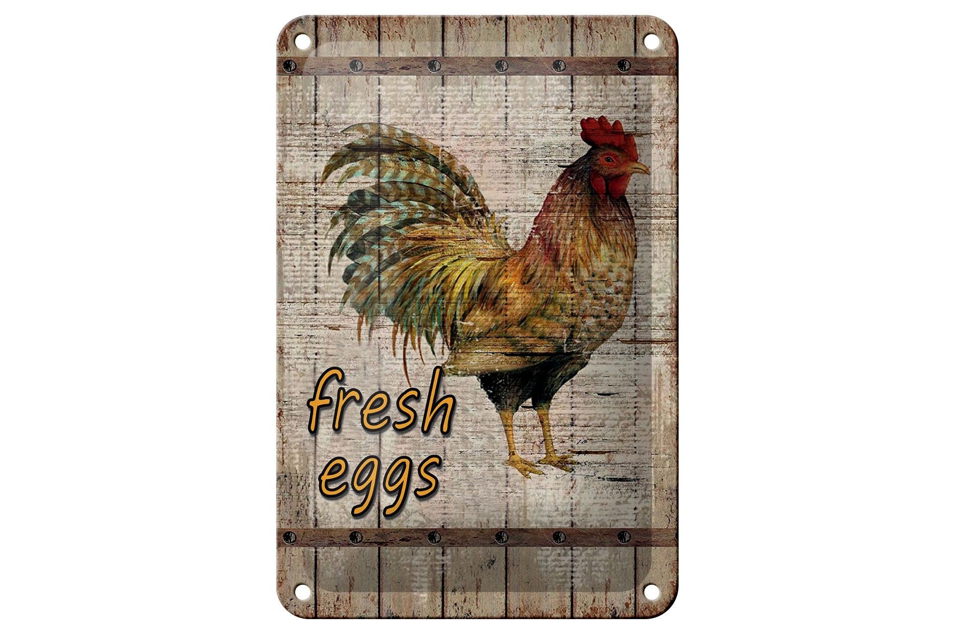 Insegna in metallo, 12x18 cm, Uova fresche, Gallo, Pubblicità, Insegna decorativa