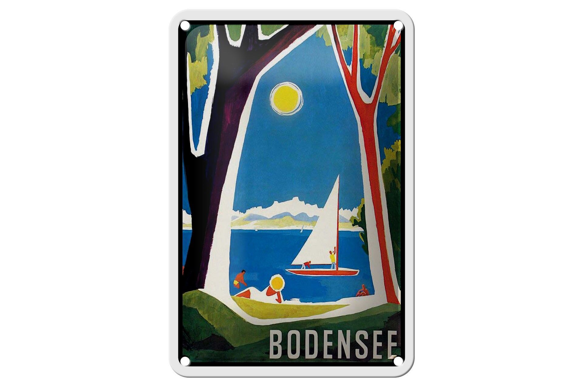 Cartello in metallo per viaggi, 12x18 cm, Lago di Costanza, barca a vela, alberi, cartello decorativo