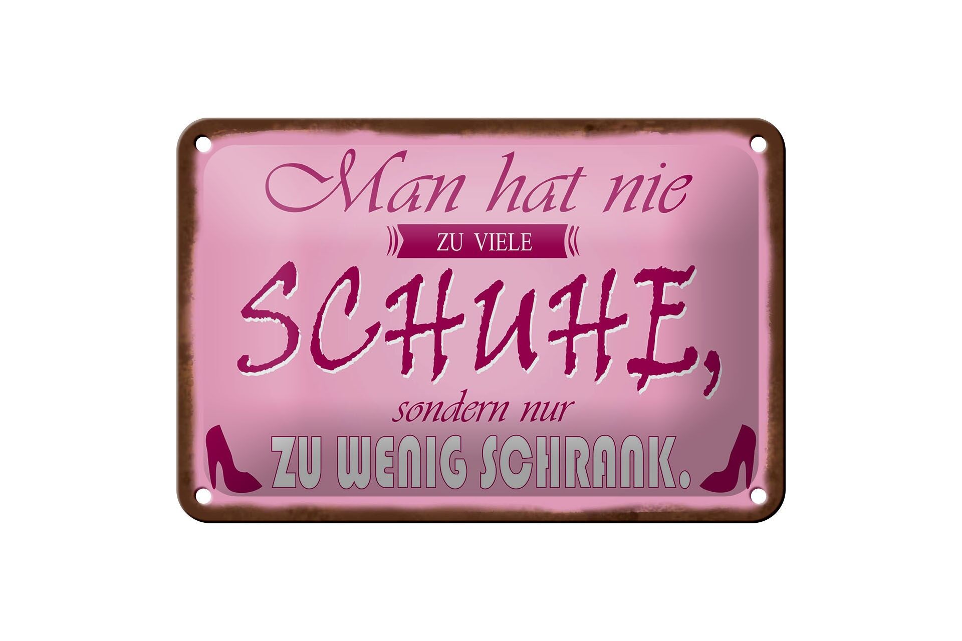 Cartello in metallo con scritta, 12x18 cm: Non si hanno mai troppe scarpe. Cartello decorativo.