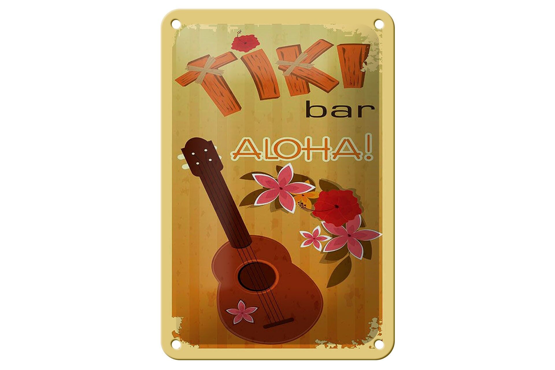 Insegna in metallo, pubblicitaria, 12x18 cm, Tiki Bar Aloha Guitar, insegna decorativa