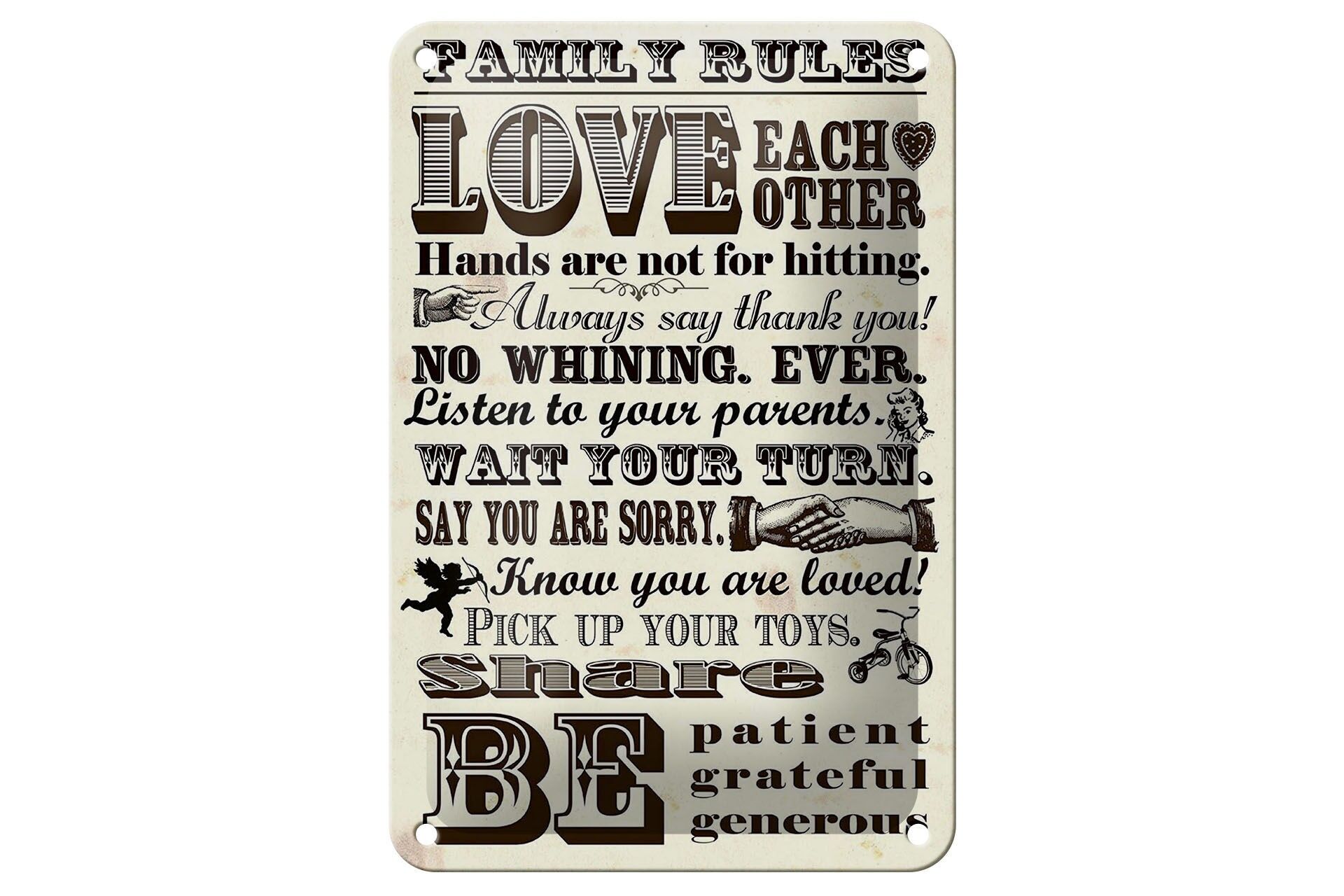 Cartello in metallo con scritta, 12x18 cm: regole familiari, amatevi, cartello decorativo