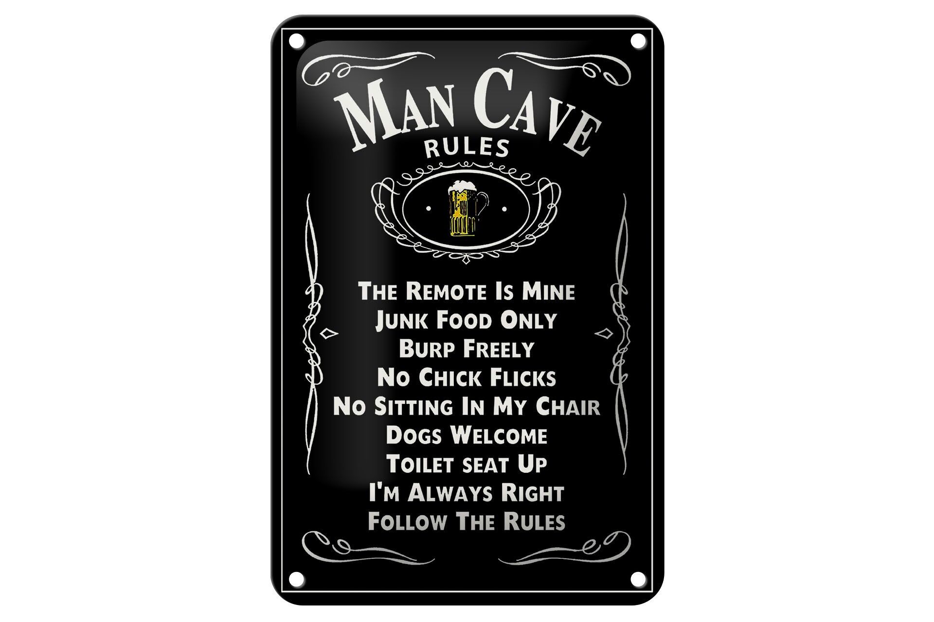 Cartello in metallo con scritta, 12x18 cm: Man Cave Rules, cartello decorativo per boccale di birra