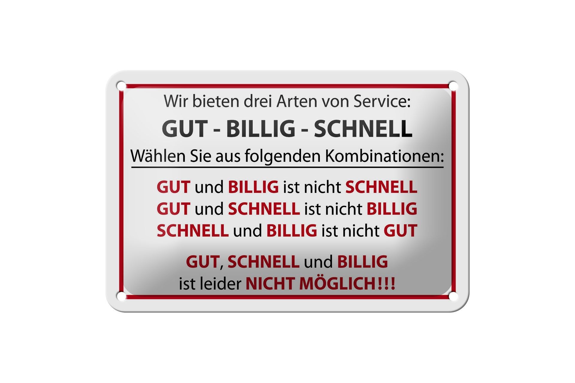 Cartello in metallo con scritta, 12x18 cm: Buono, economico, veloce, opzioni di servizio, cartello decorativo