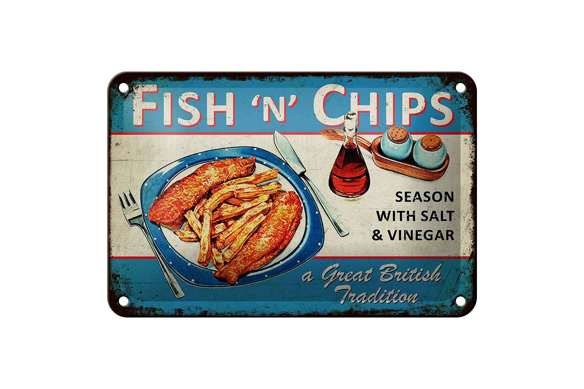 Blechschild Reklame 12x18 cm Fish n Chips Retro Deko Schild