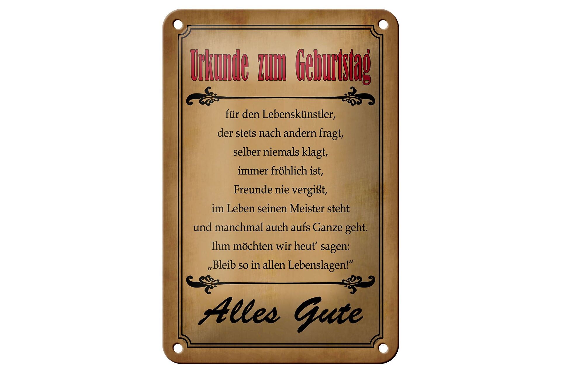 Blechschild Spruch 12x18 cm Urkunde zum Geburtstag Deko Schild