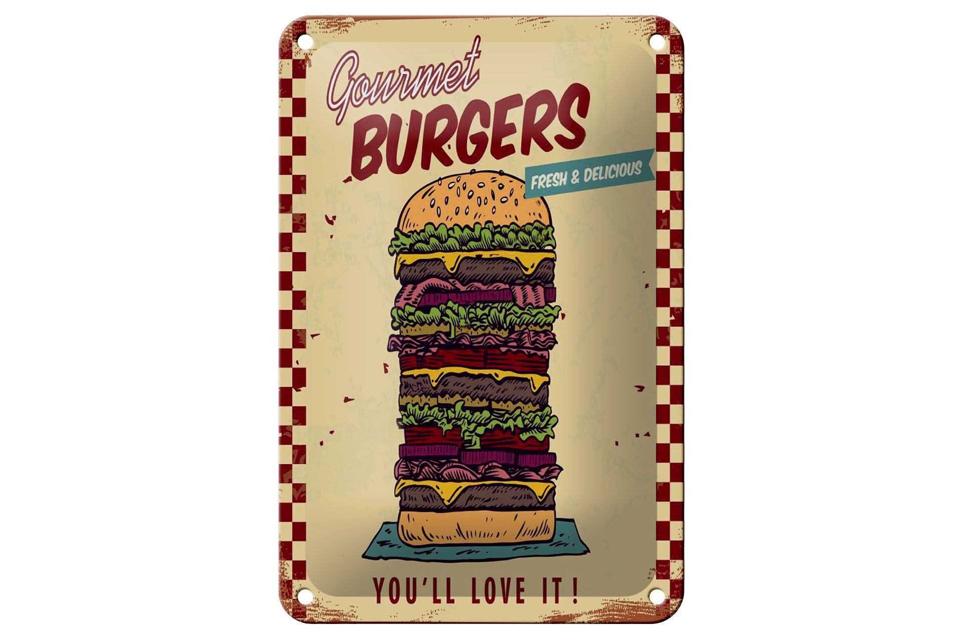 Blechschild Reklame 12x18 cm Gourmet Burgers Deko Schild