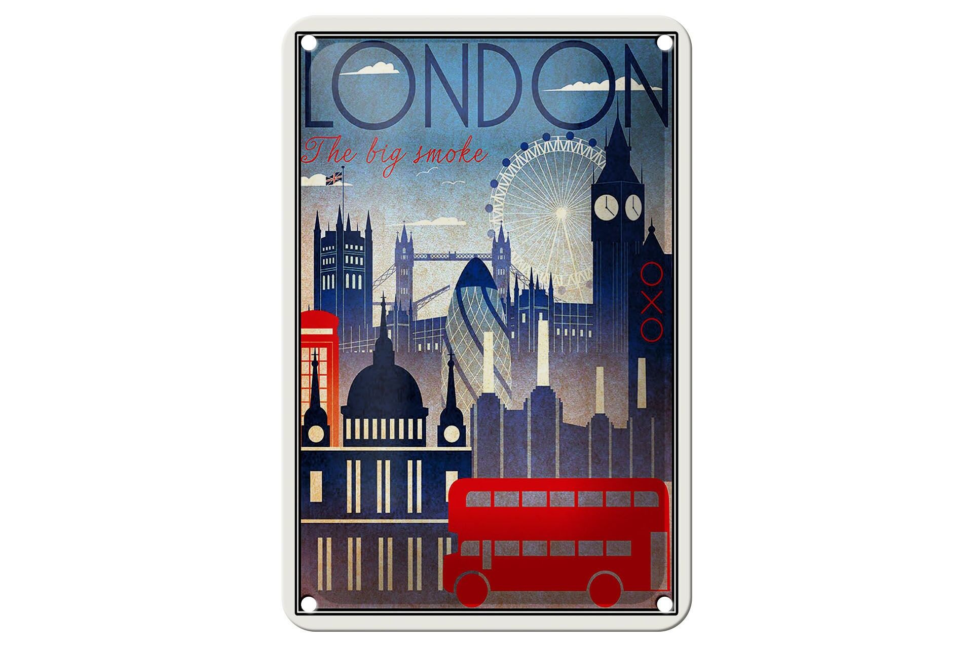 Cartello in latta, viaggio, 12x18 cm, Londra la Grande Fumatrice, autobus rosso, cartello decorativo
