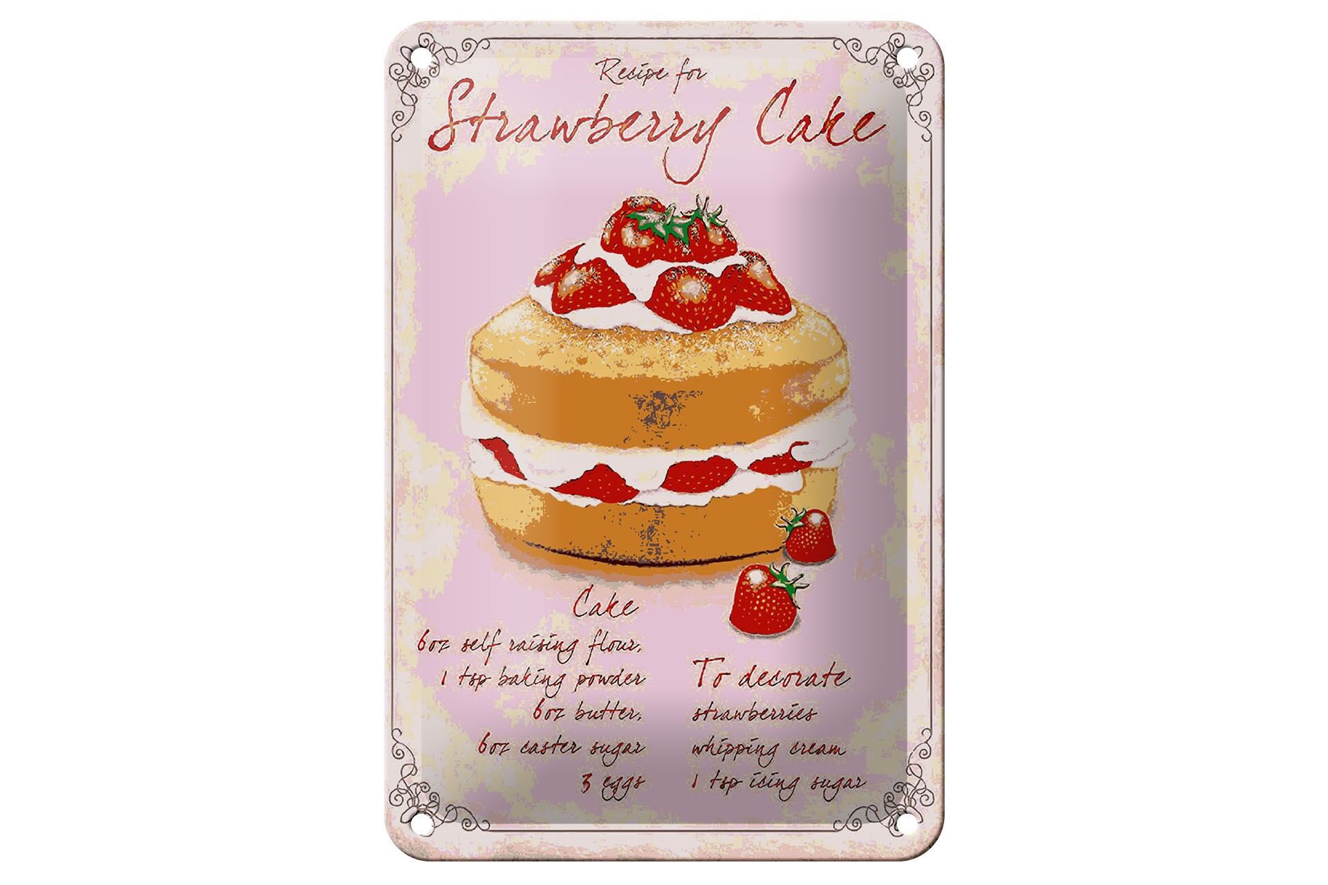 Cartello in metallo per pasticceria, 12x18 cm, ricetta per torta alle fragole, cartello decorativo