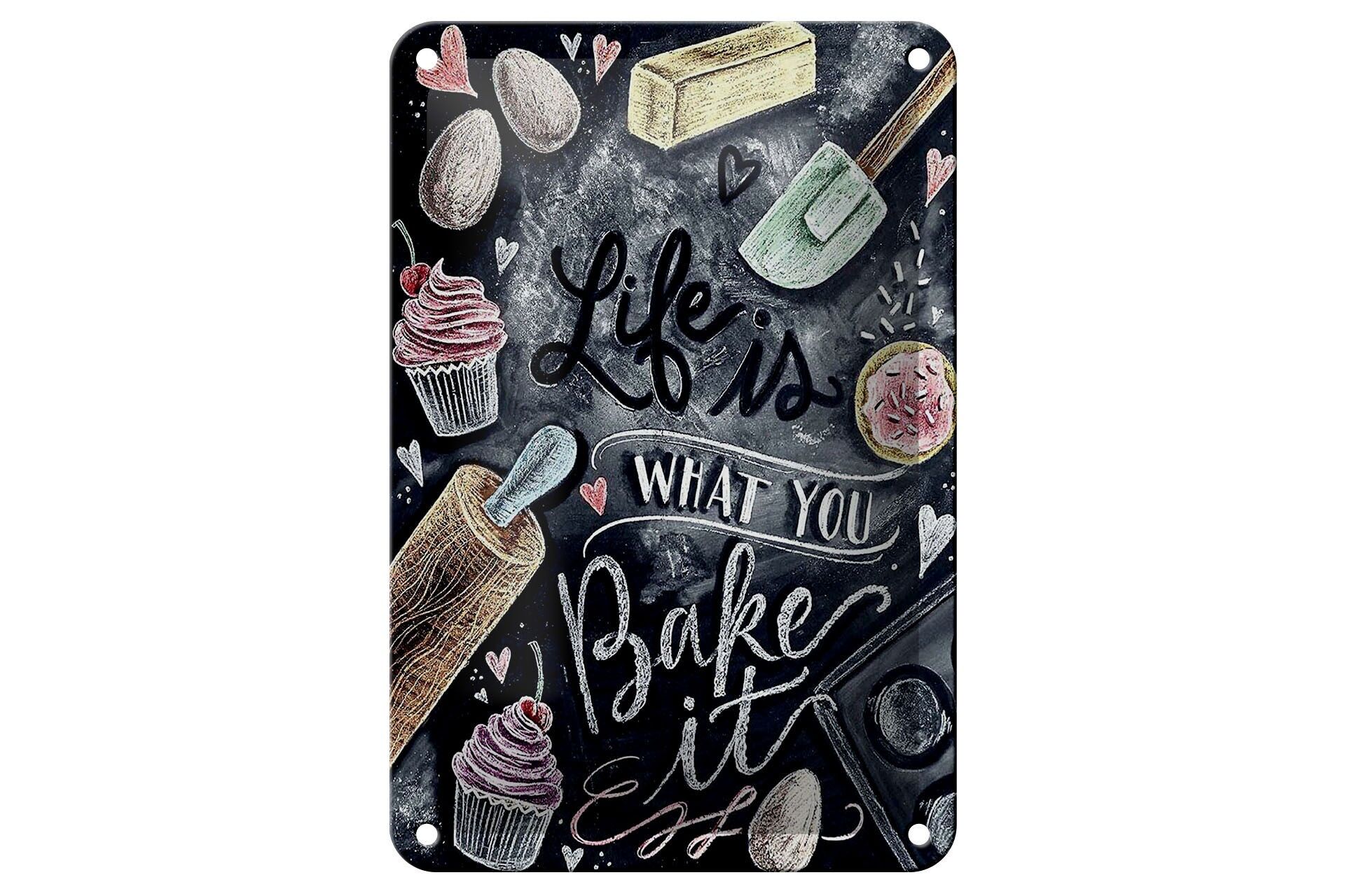 Cartello in metallo con scritta, 12x18 cm: La vita è ciò che la cucini, effetto lavagna, cartello decorativo