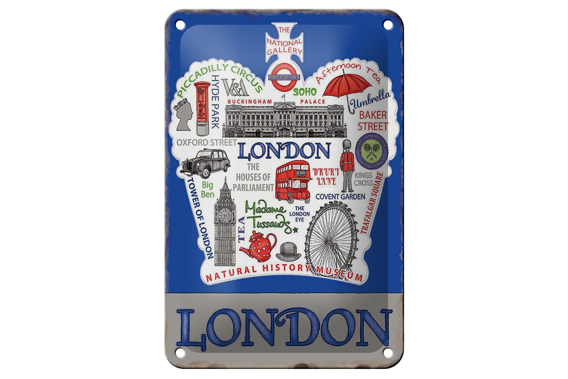 Insegna in metallo, tema viaggi, 12x18 cm, panoramica delle attrazioni di Londra, insegna decorativa