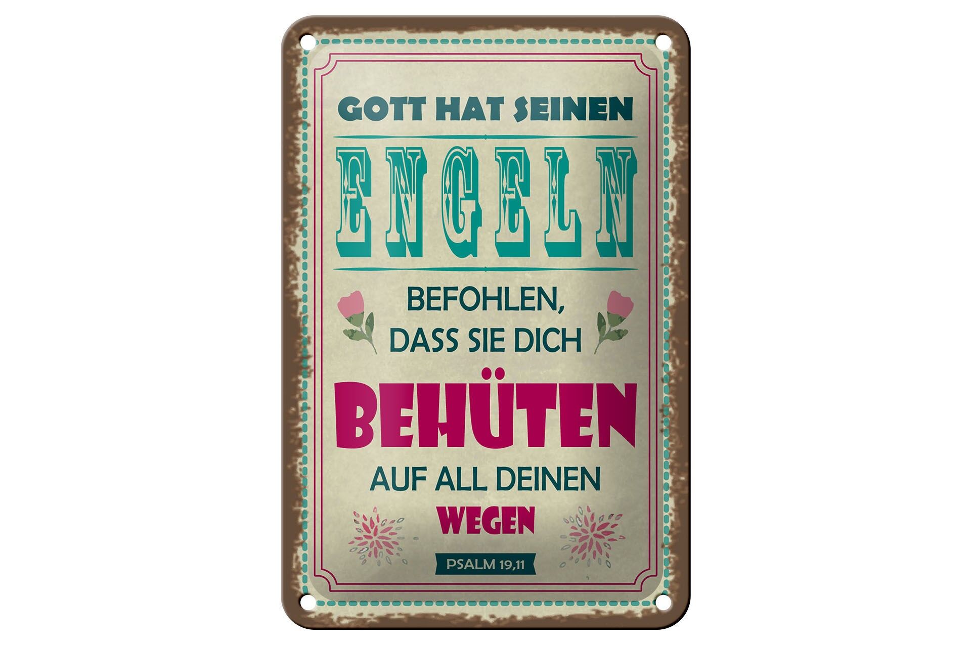 Cartello in metallo con scritta, 12x18 cm: Dio ha comandato ai suoi angeli, cartello decorativo