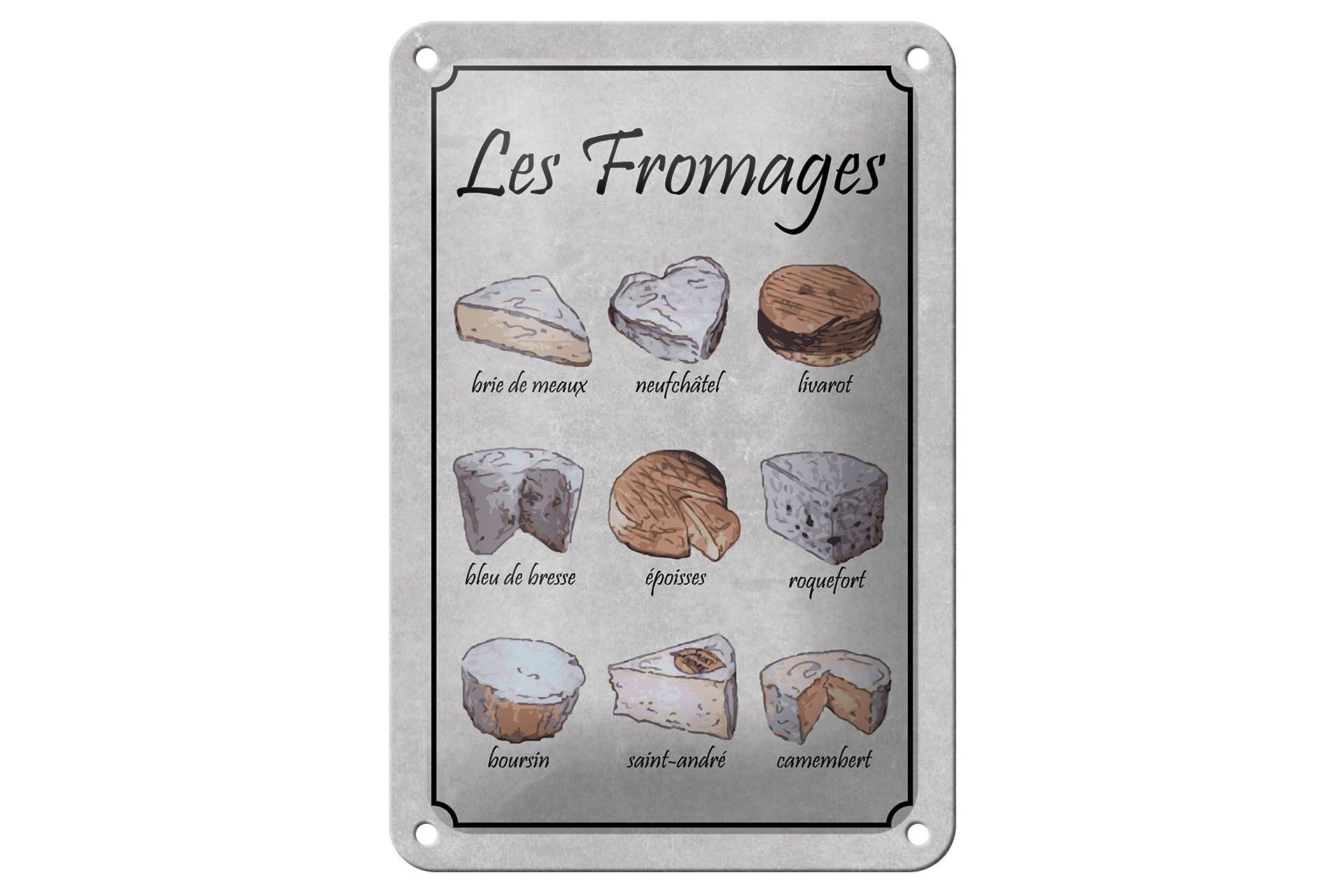 Blechschild Essen 12x18 cm 9 französische Käsesorten Les Fromages Deko Schild