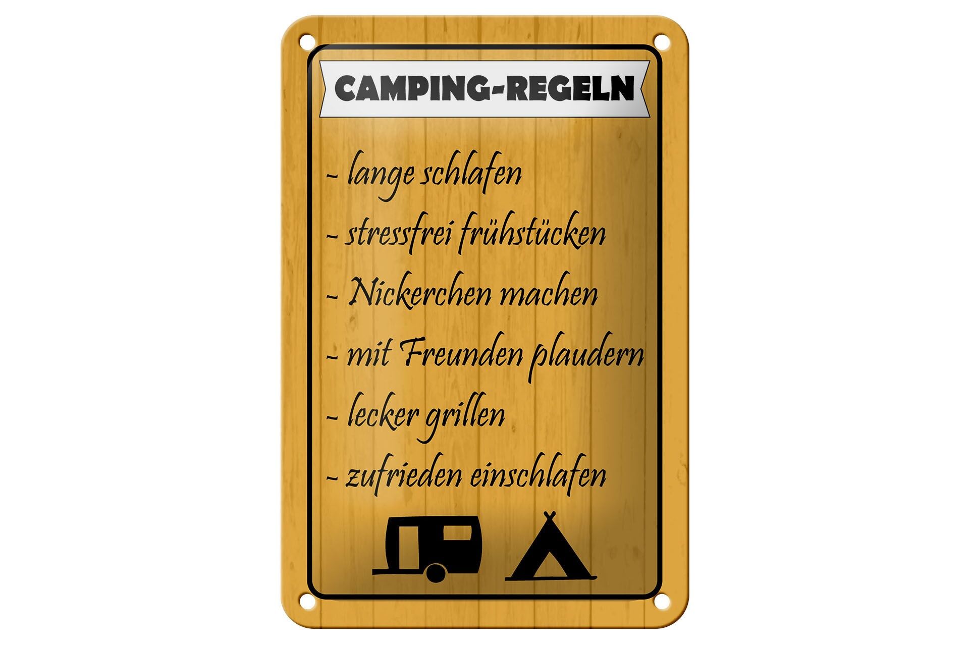 Blechschild Camping 12x18 cm Regeln Lange schlafen stressfrei Deko Schild