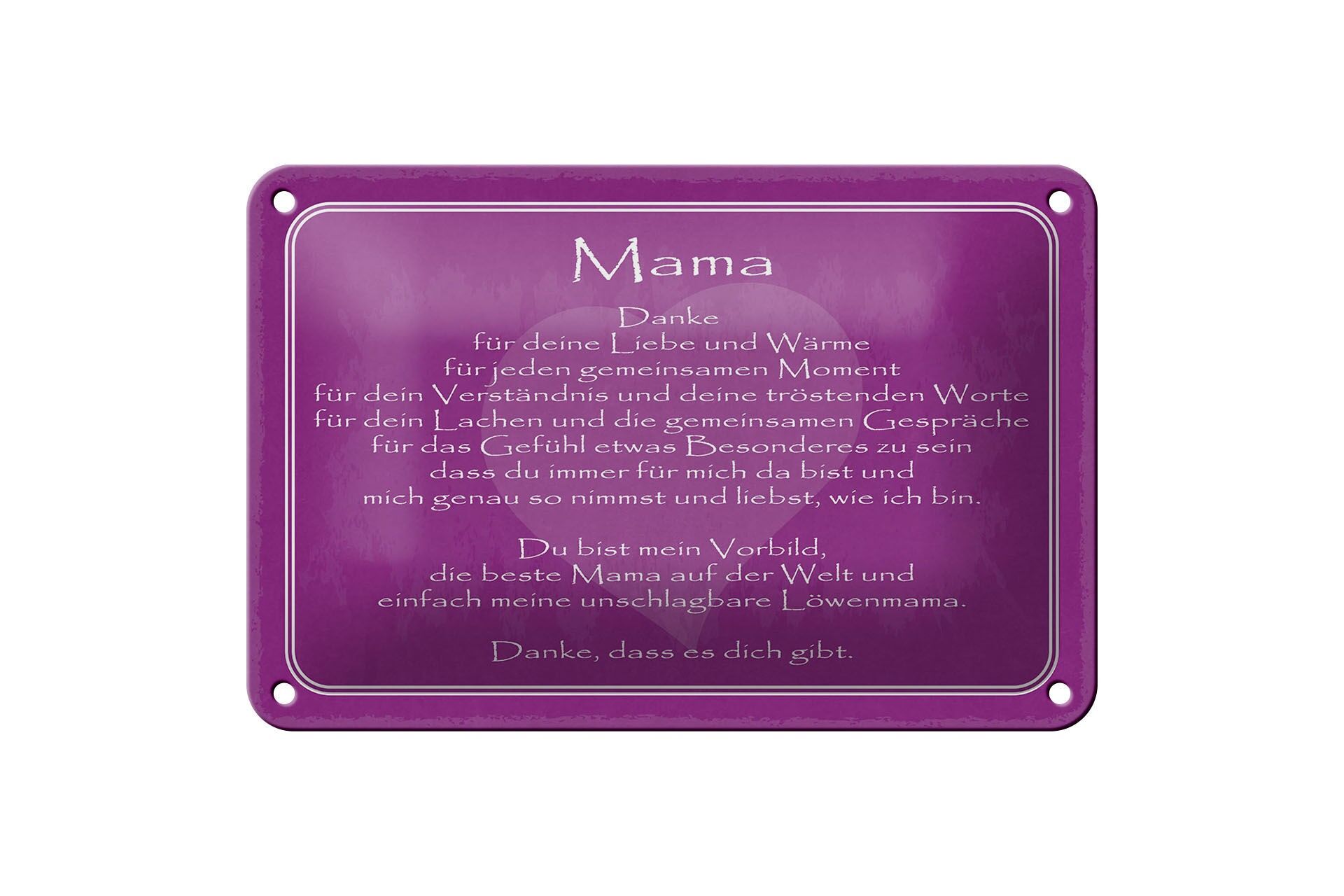 Blechschild Spruch 12x18 cm Mama danke dass es Dich gibt lila Deko Schild