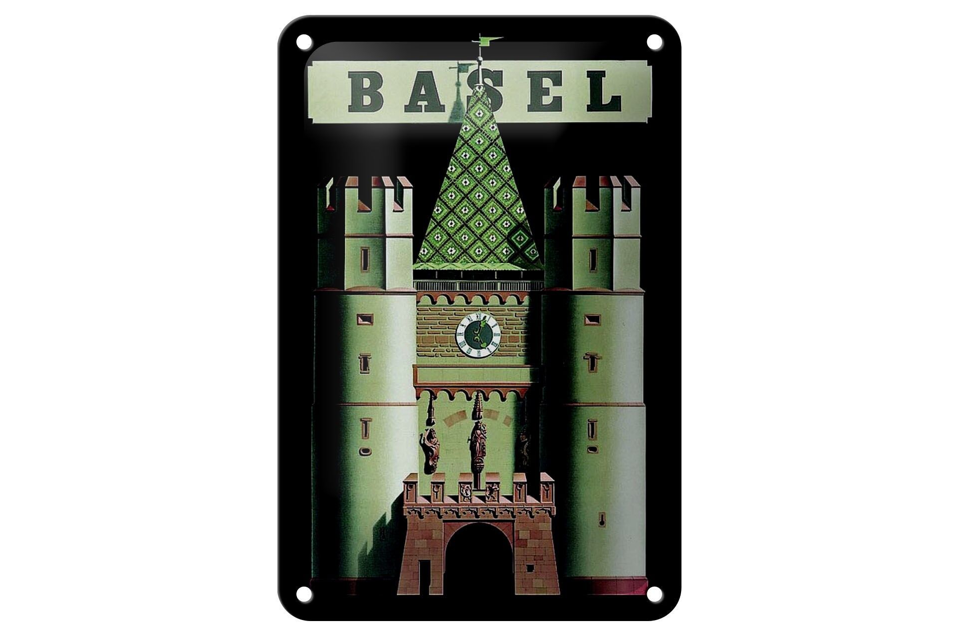 Blechschild Reise 12x18 cm Basel Schweiz Stadttor mit Turm Deko Schild