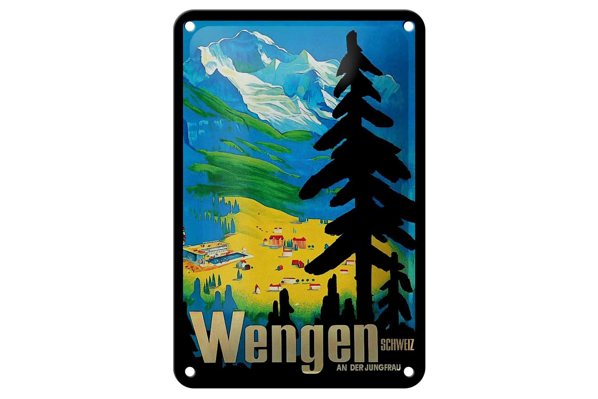 Blechschild Reise 12x18 cm Wengen an der Jungfrau Schweiz Berge Tal Deko Schild