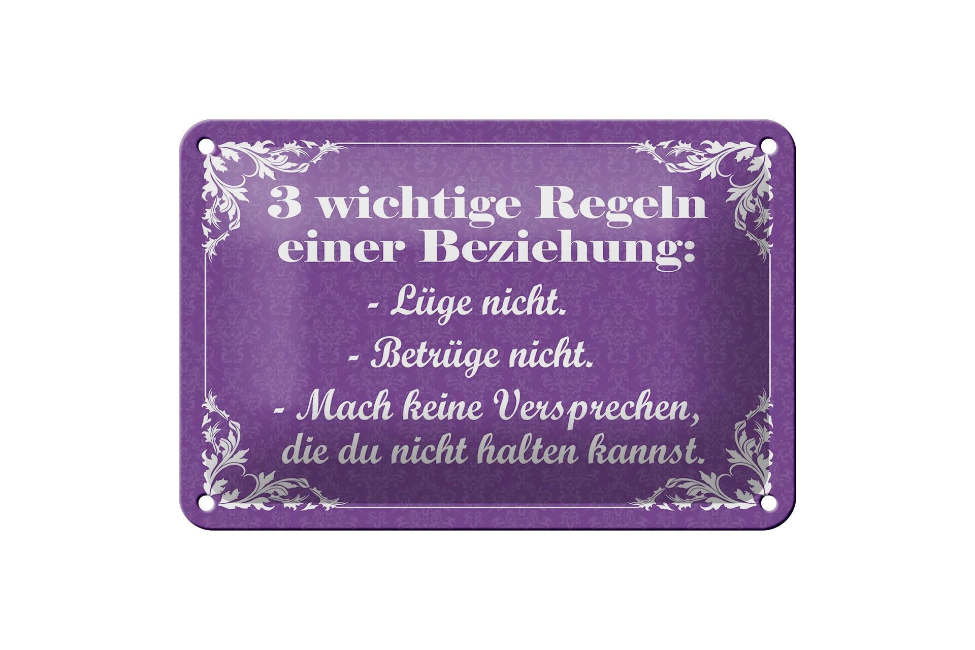Blechschild Spruch 12x18 cm  3 wichtige Regeln einer Beziehung Deko Schild
