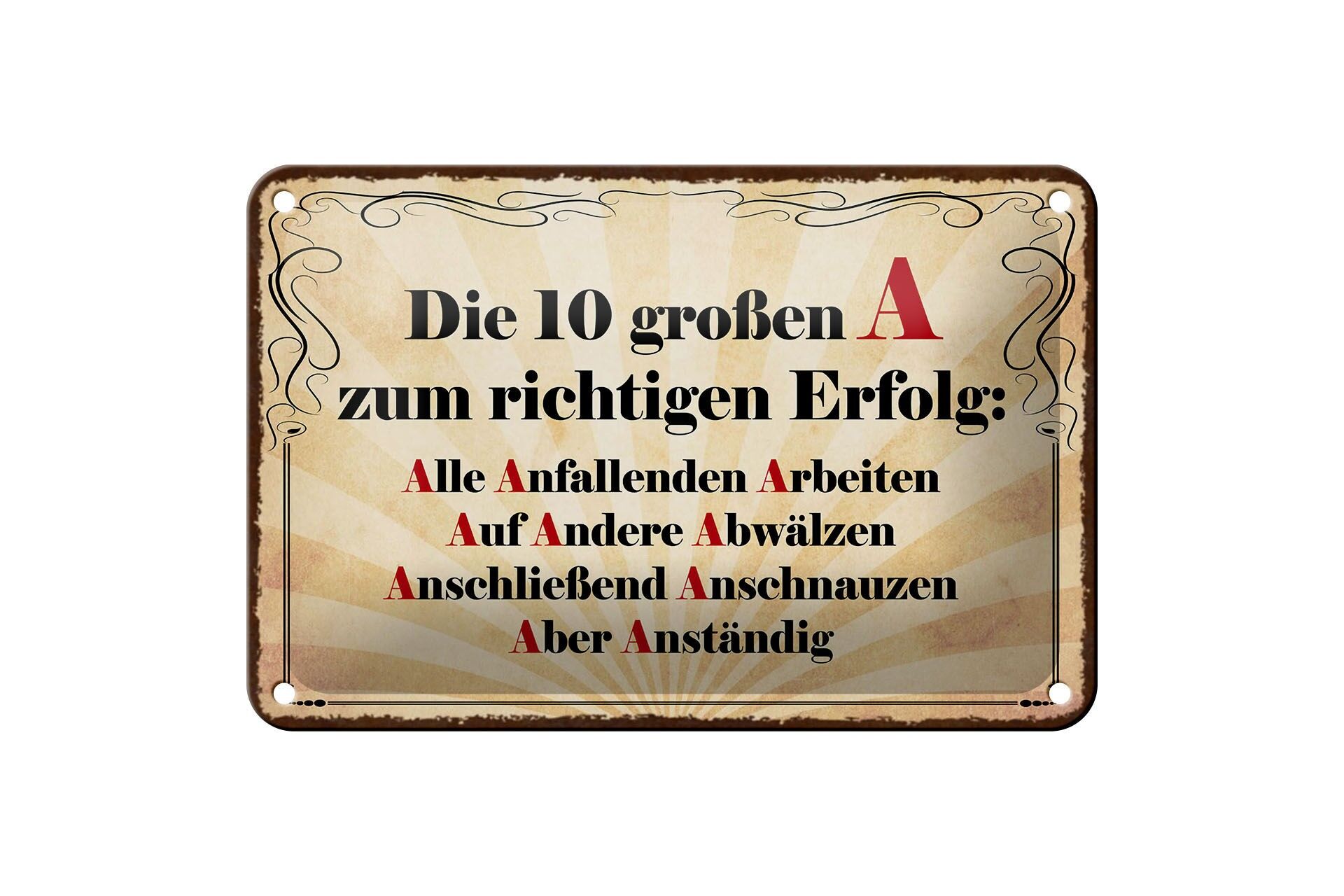 Blechschild Spruch 12x18 cm Die 10 größten A zum richtigen Erfolg Deko Schild