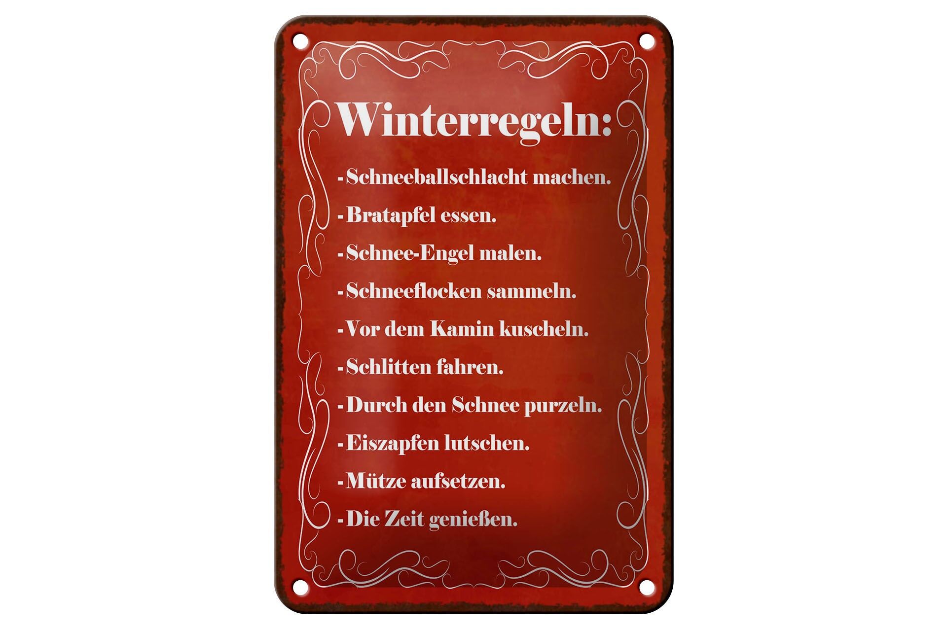 Blechschild Spruch 12x18 cm Winterregeln rotes Deko Schild