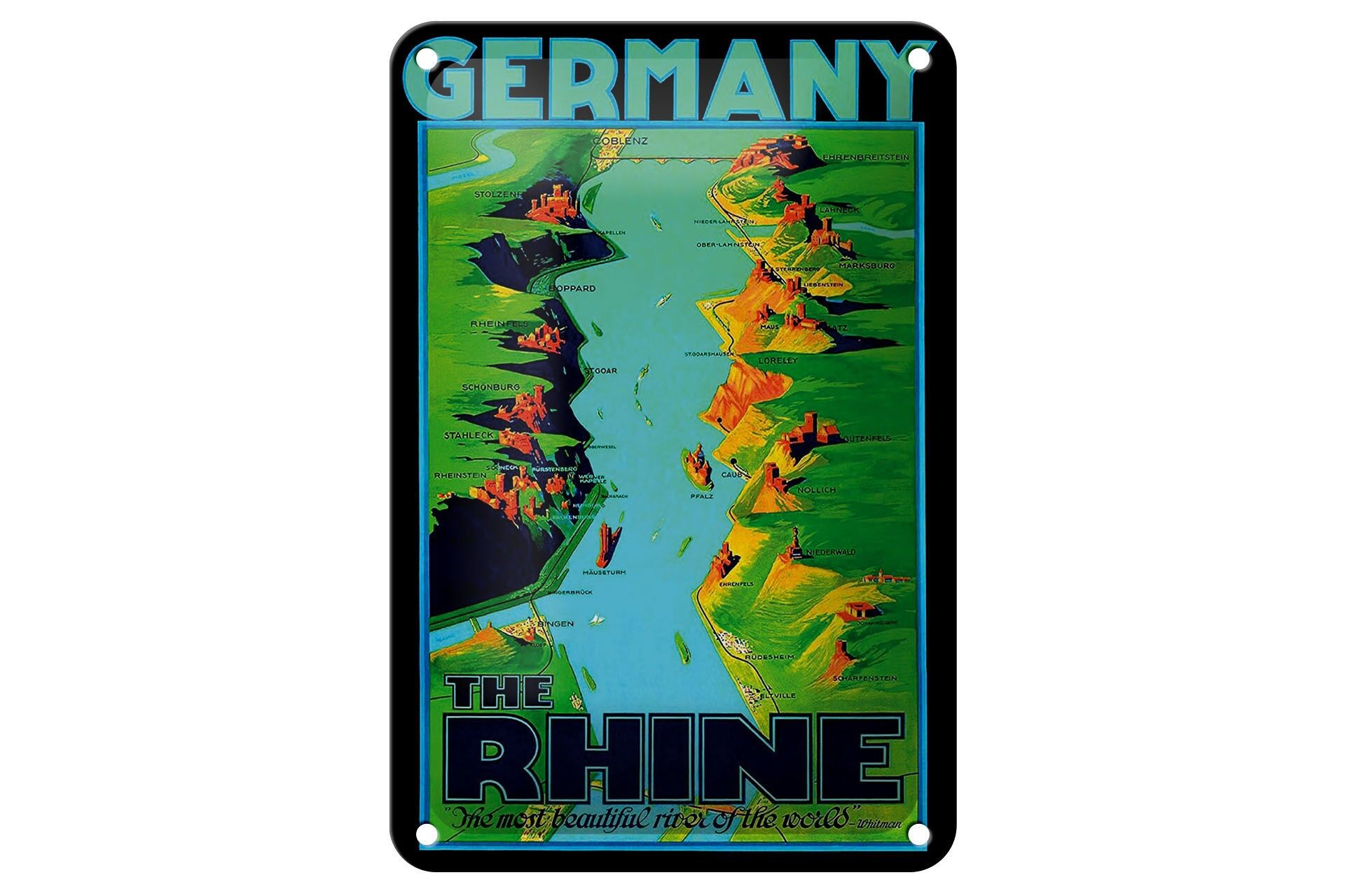 Blechschild Reise 12x18 cm the Rhine the most beatiful river of the World Schild