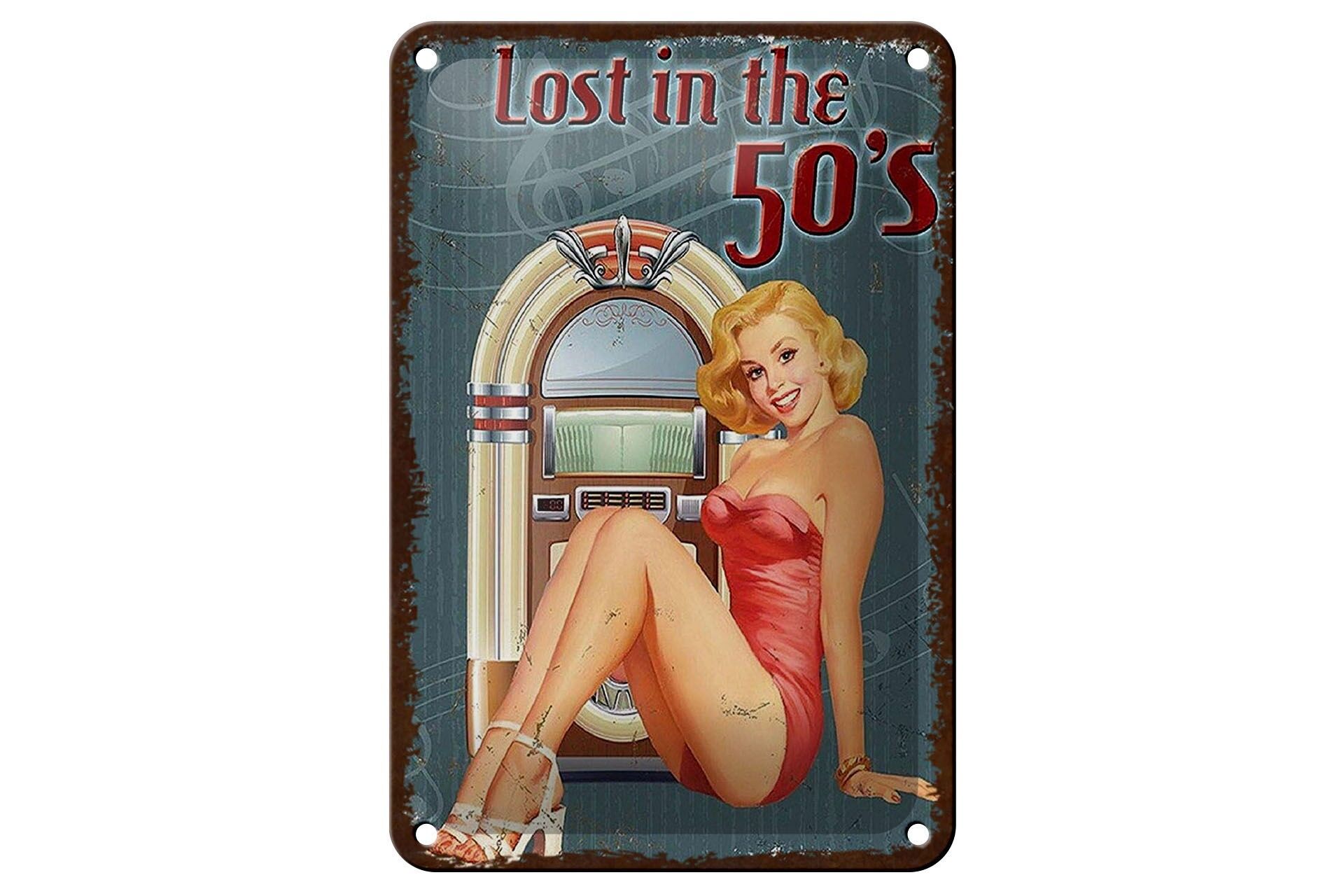 Blechschild Retro 12x18 cm Lost in the 50 s Frau mit Jutebox Deko Schild