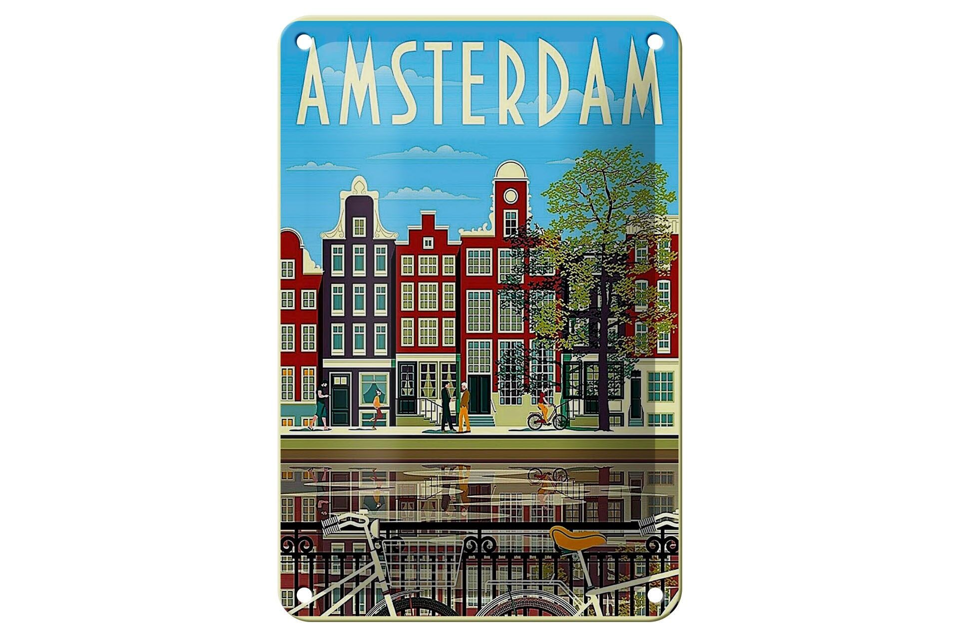 Blechschild Reise 12x18 cm Amsterdam Holland Fahrräder Häuser Deko Schild