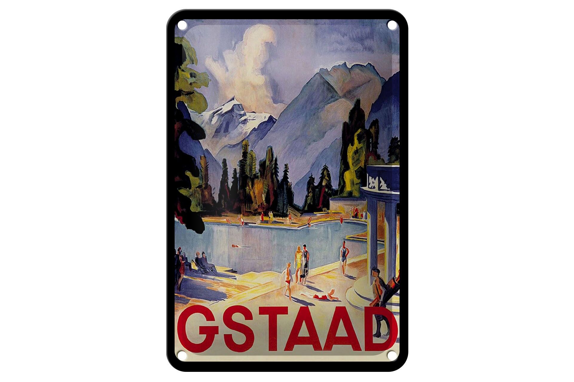 Blechschild Reise 12x18 cm Gstaad Pool Urlauber Deko Schild