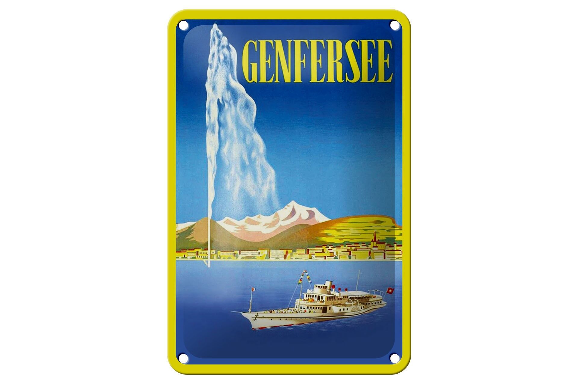 Blechschild Reise 12x18 cm Genfersee Kreuzfahrtschiff See Deko Schild