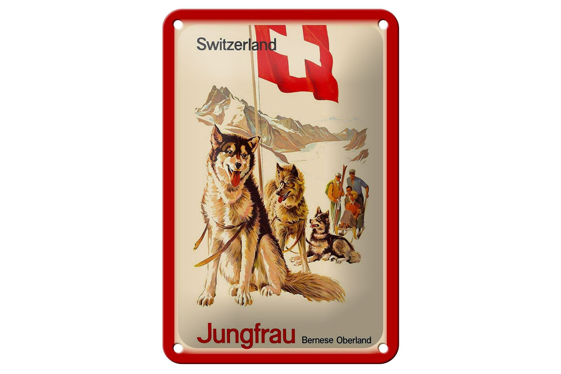 Blechschild Reise 12x18 cm Schweiz Jungfrau Bernese Oberland Hund Deko Schild