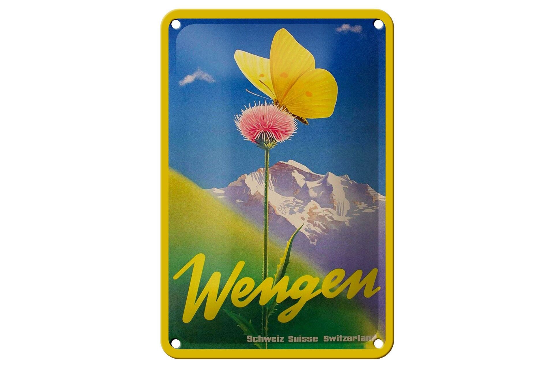 Blechschild Reise 12x18 cm Wengen Schweiz Blume mit Schmetterling Deko Schild