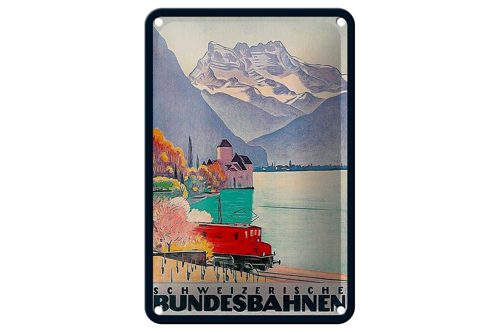 Blechschild Reise 12x18 cm Schweizerische Bundesbahn Berge See Deko Schild