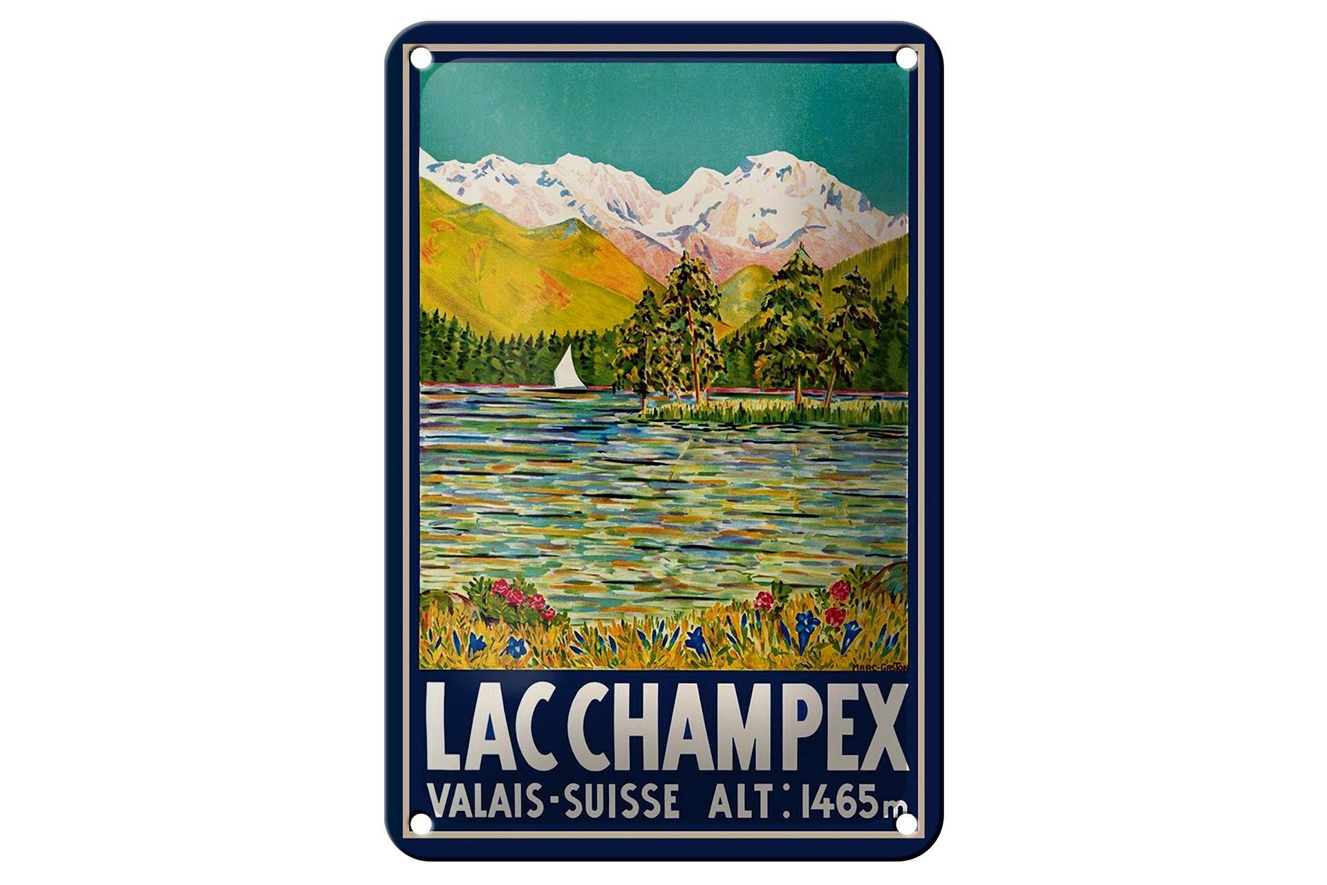 Blechschild Reise 12x18 cm Lac Champex valais Suisse 1465 m Deko Schild