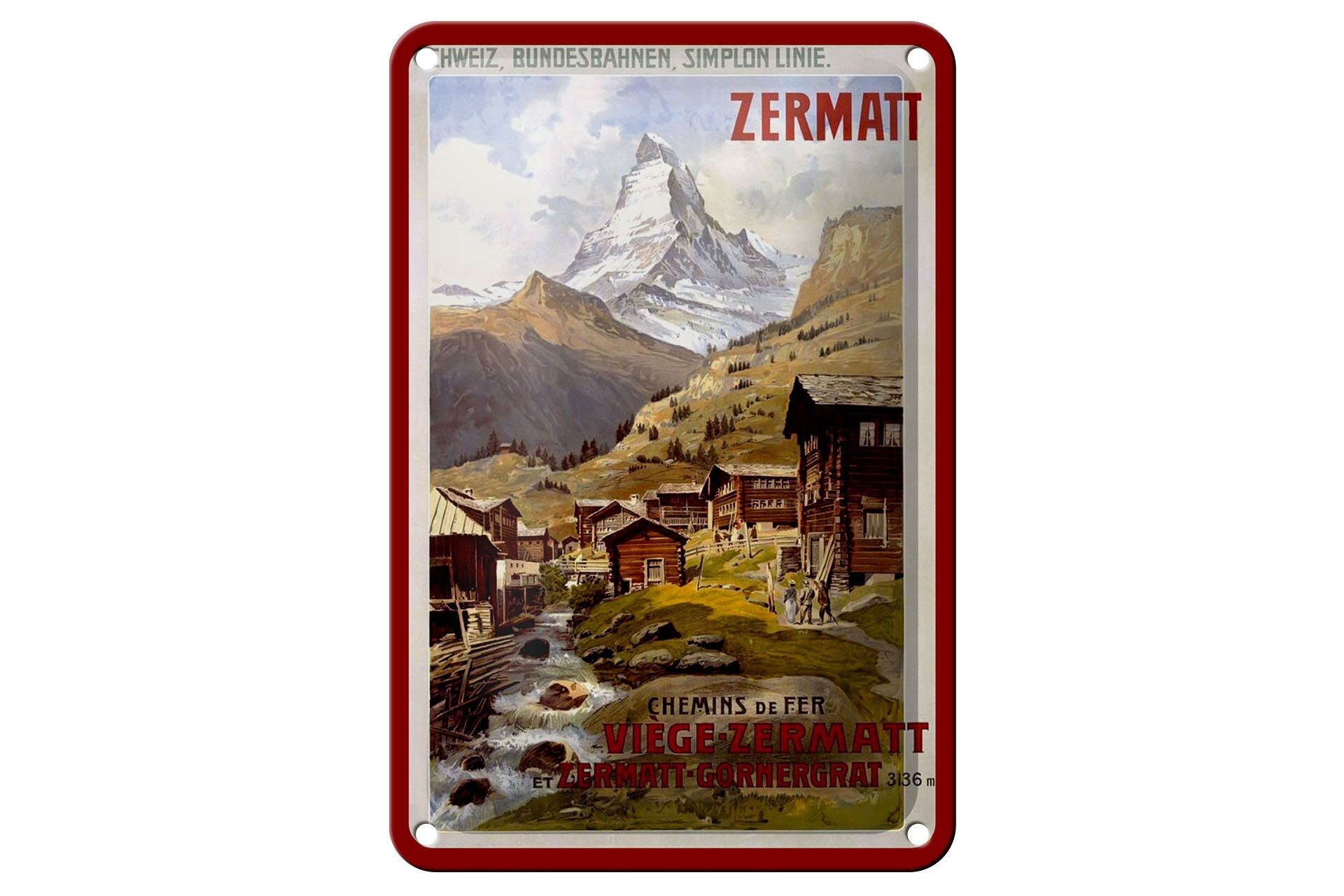 Blechschild Reise 12x18 cm Schweiz Zermatt Bundesbahnen Deko Schild