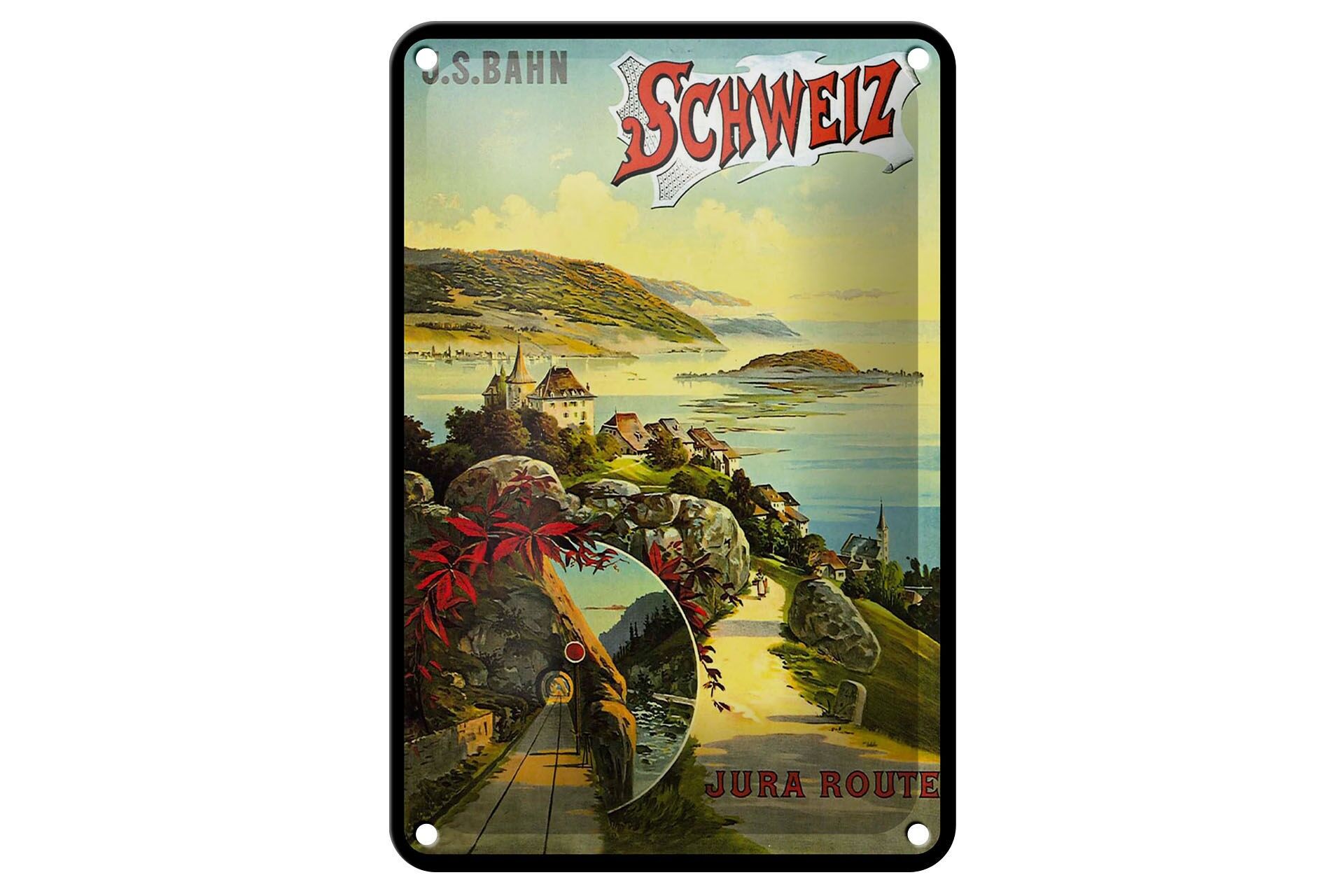 Blechschild Reise 12x18 cm J.S.Bahn Schweiz Jura Route Nostalgie Deko Schild