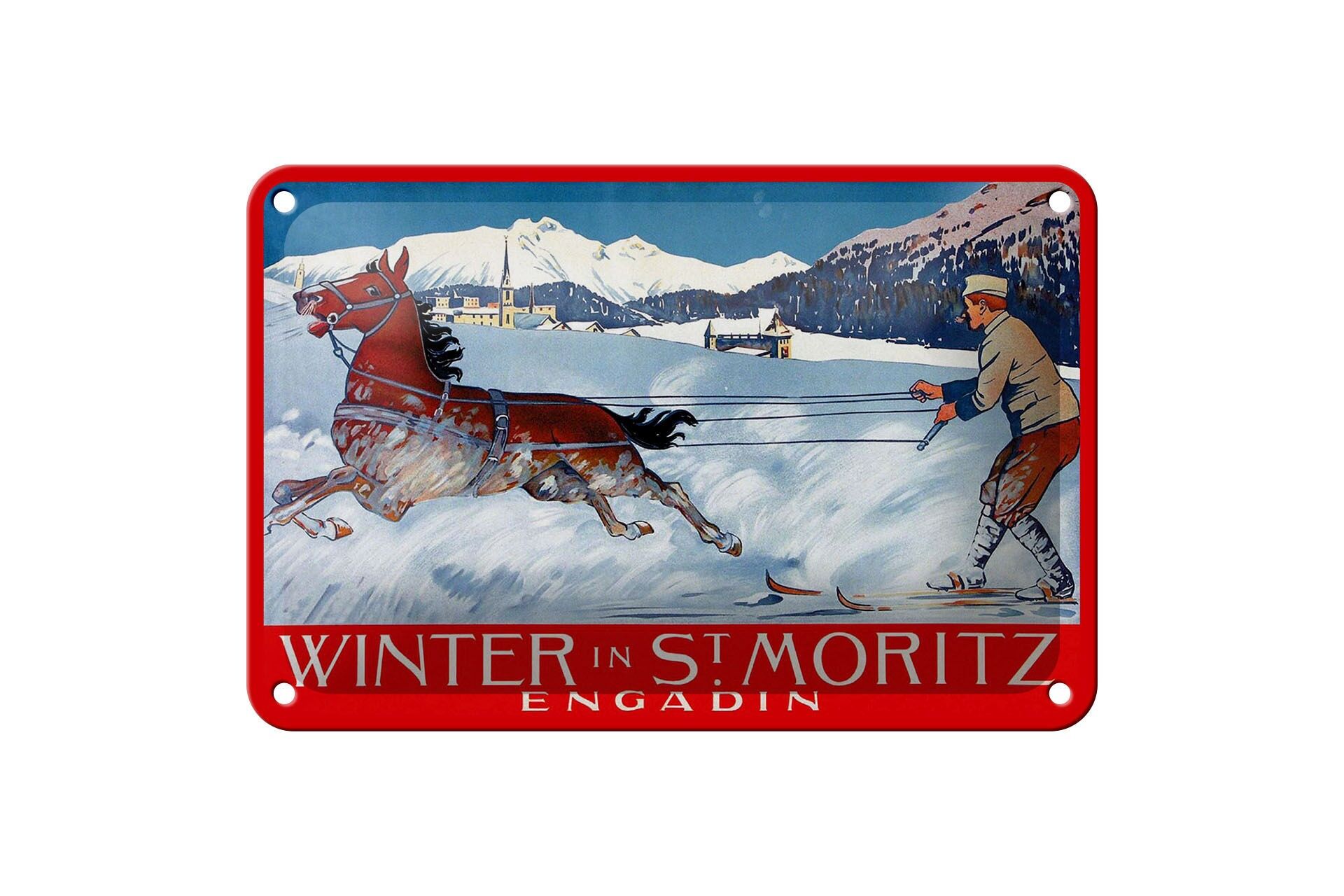 Blechschild Reise 12x18 cm Winter in St. Moritz engadin Deko Schild