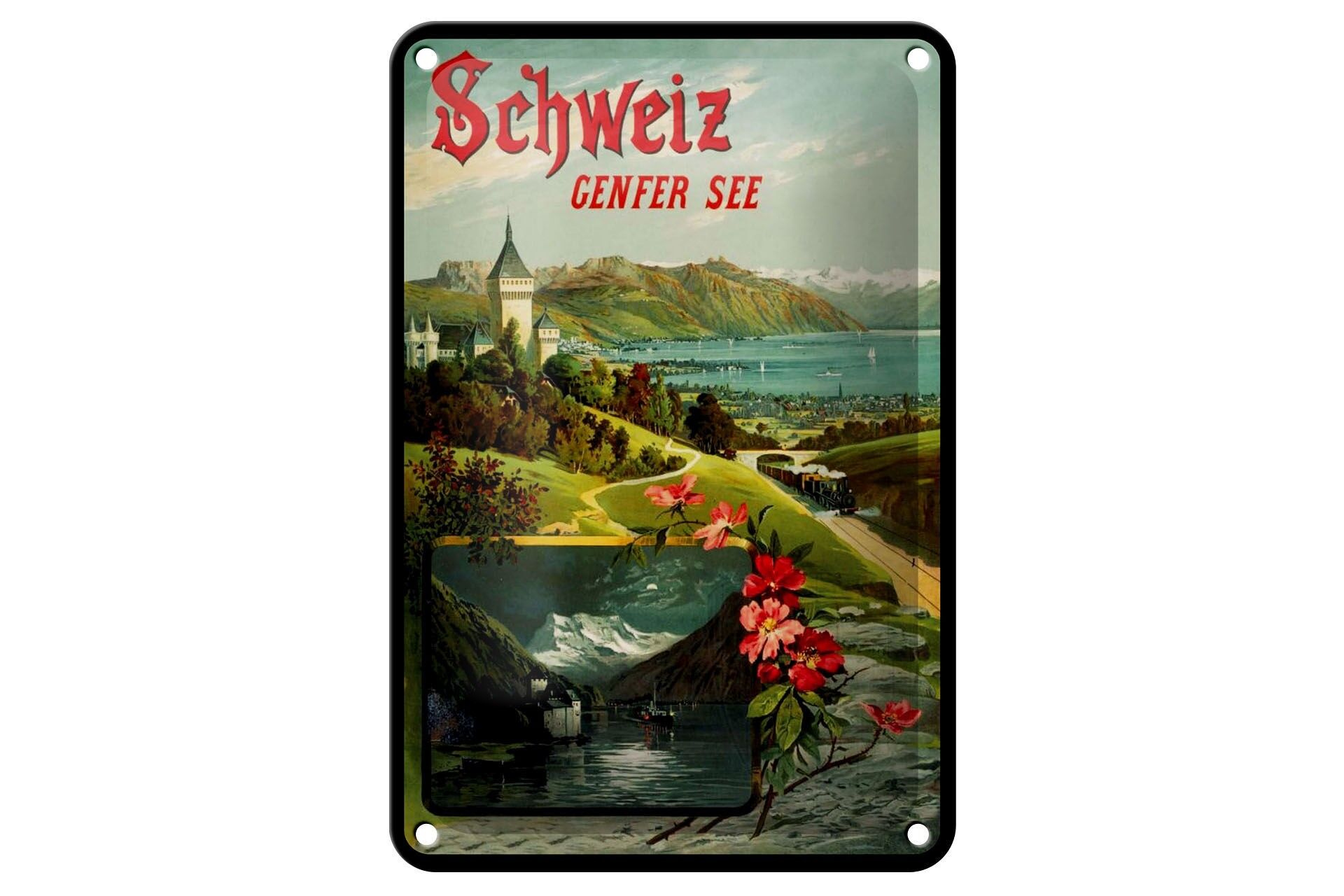Blechschild Reise 12x18 cm Schweiz Genfer See Nostalgie Deko Schild