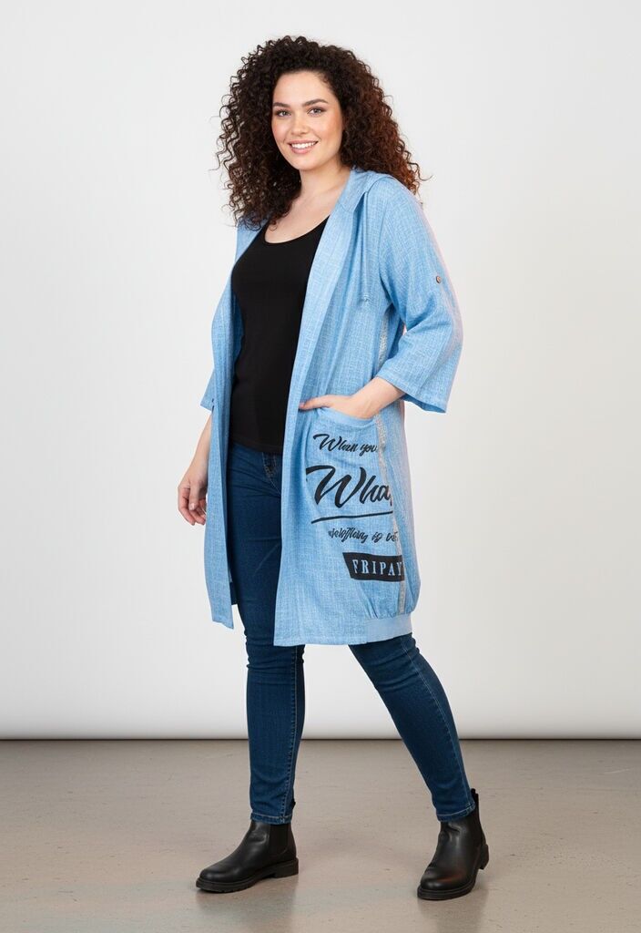 Cardigan lungo azzurro chiaro con scritte taglie forti (C8021)